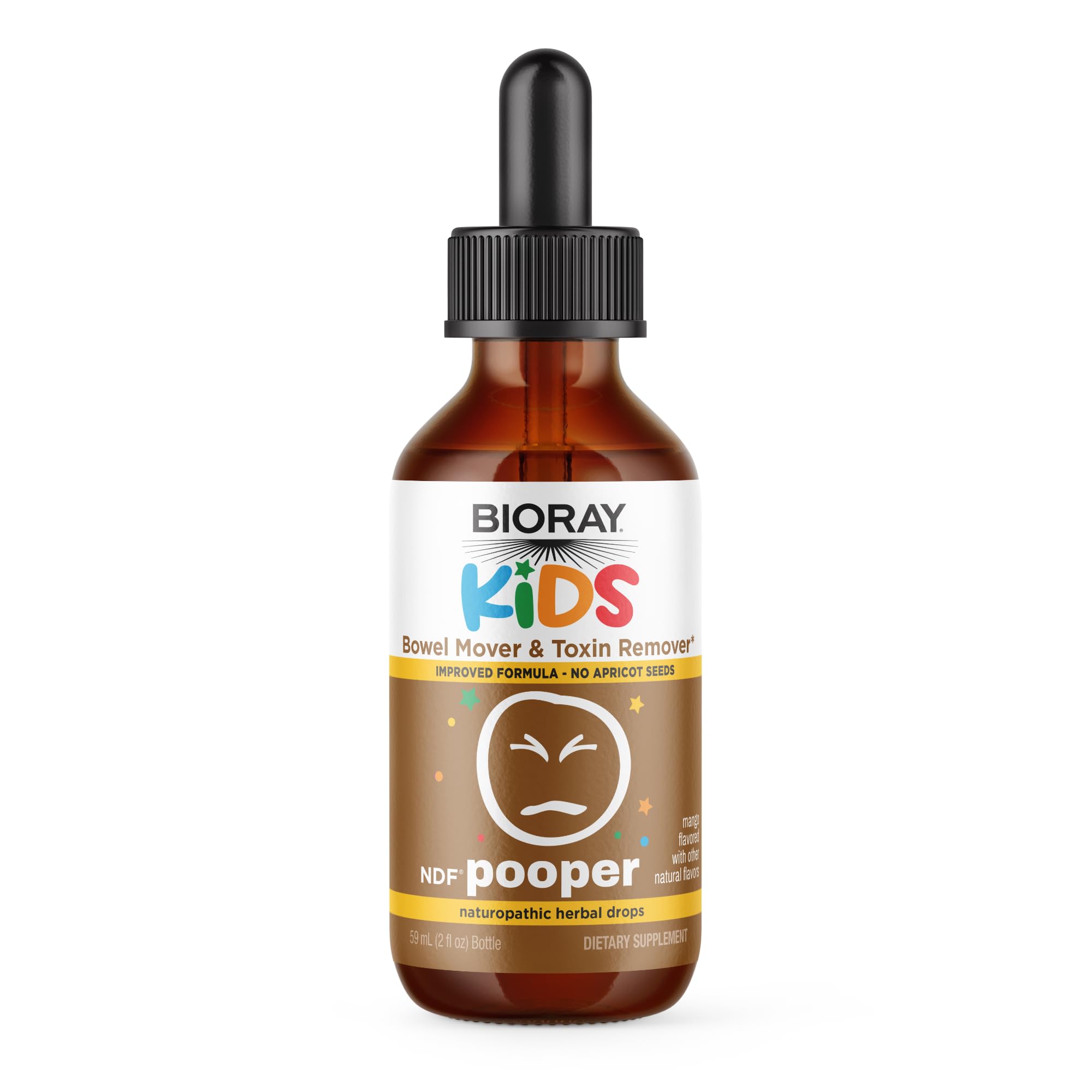 BIORAY Kids NDF Pooper — bouteille mangue 2 oz, usage quotidien pratique.