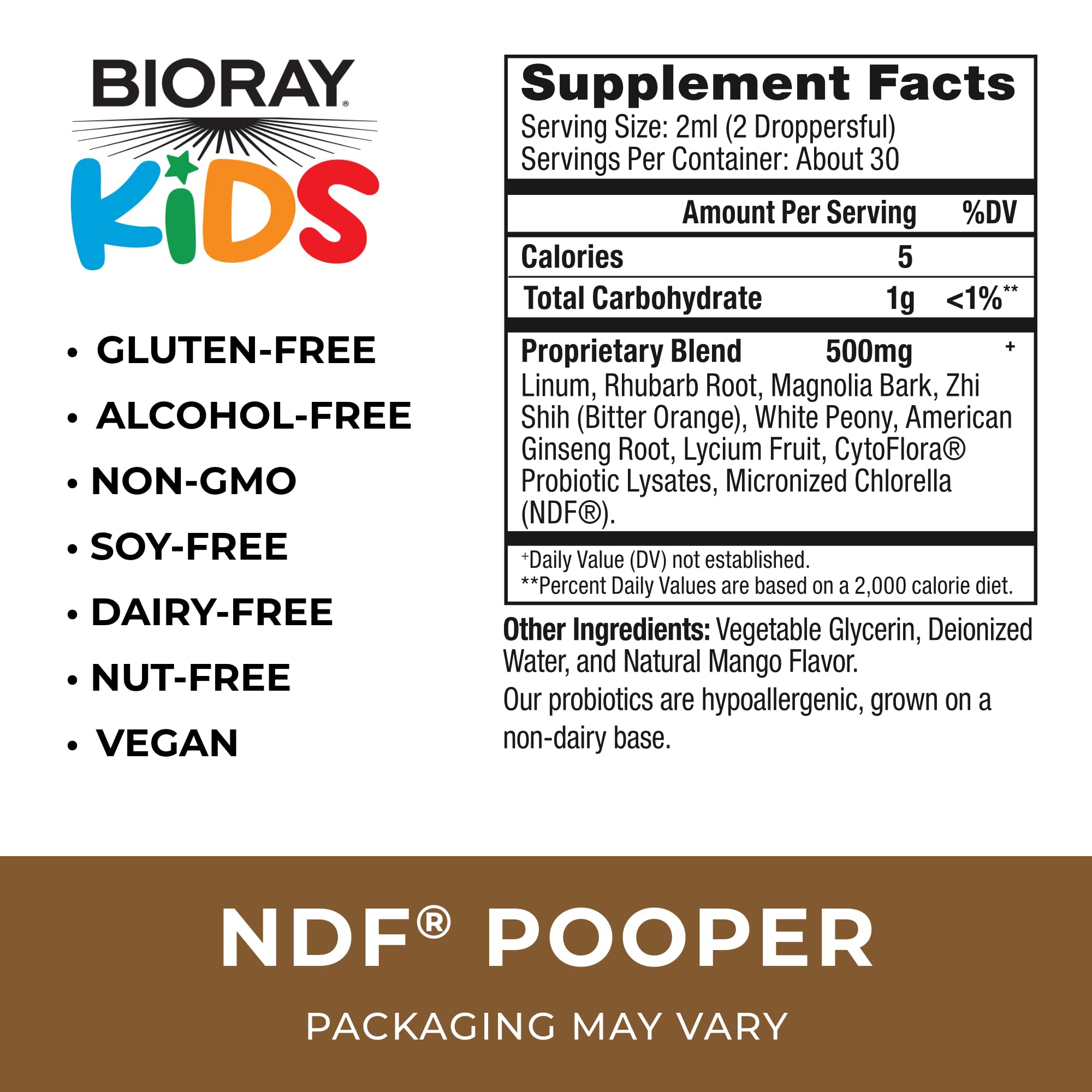 BIORAY Kids NDF Pooper — étiquette mangue, facile à repérer sur l’étagère.