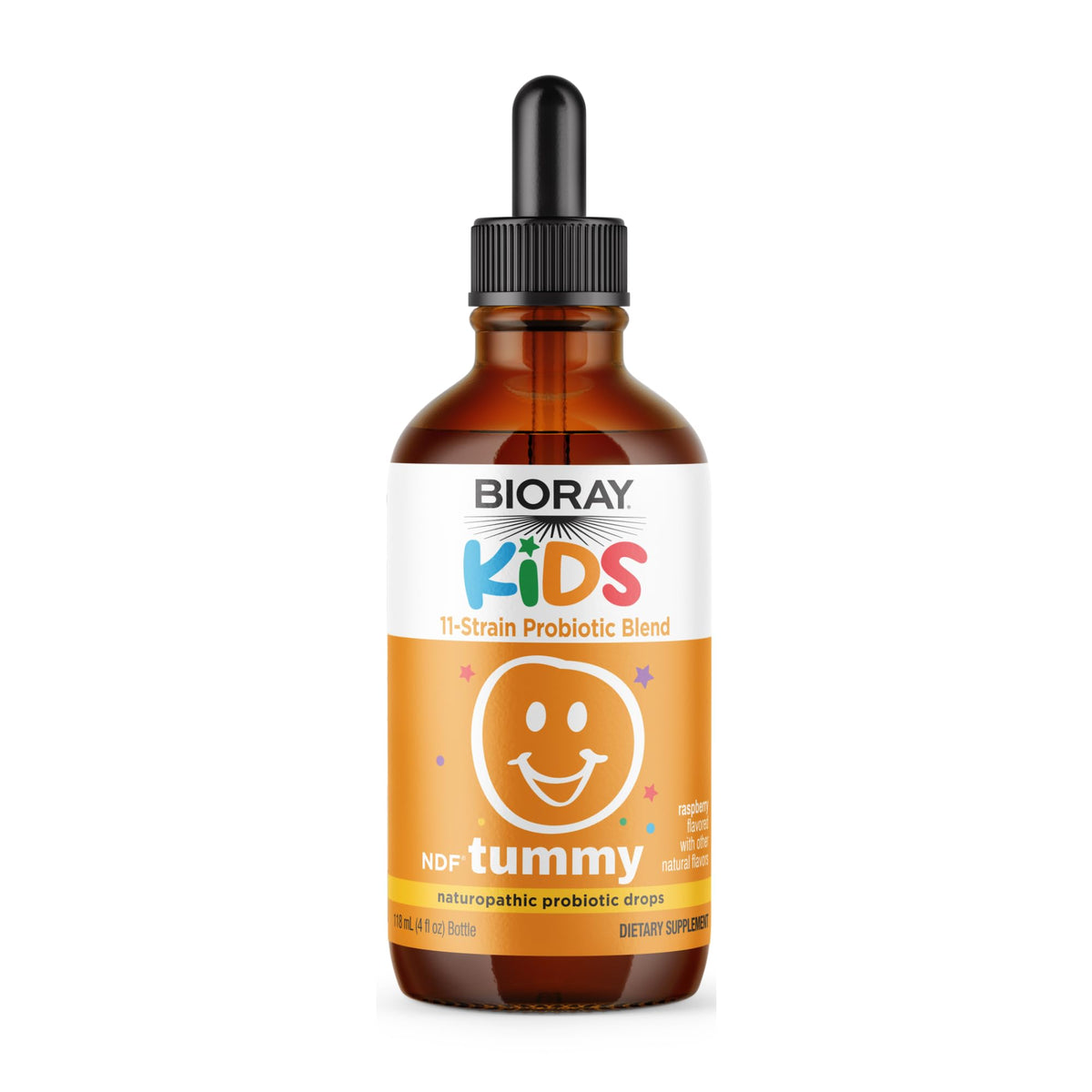 Flacon BIORAY Kids NDF Tummy Framboise, vue frontale, soutien digestif potentiel.