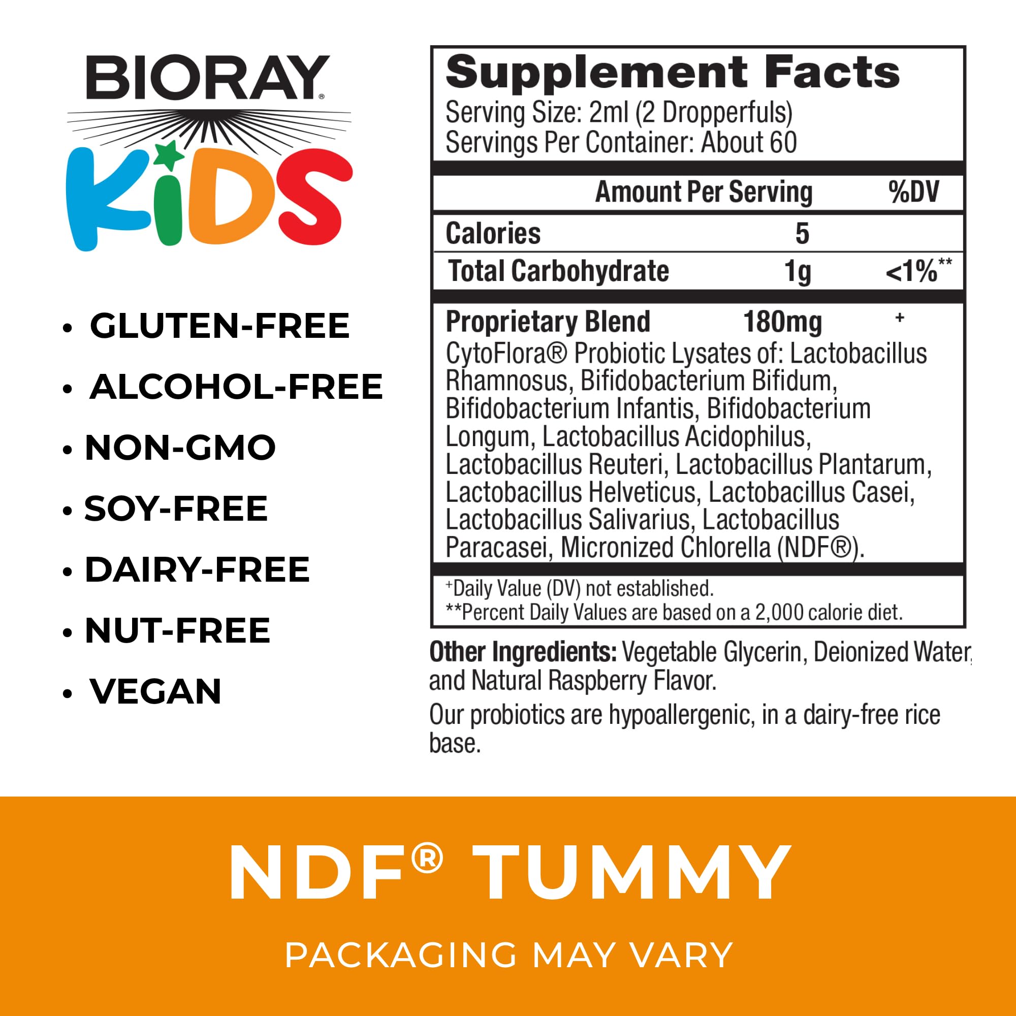 Étiquette BIORAY Kids NDF Tummy Framboise indiquant les ingrédients et probiotiques.