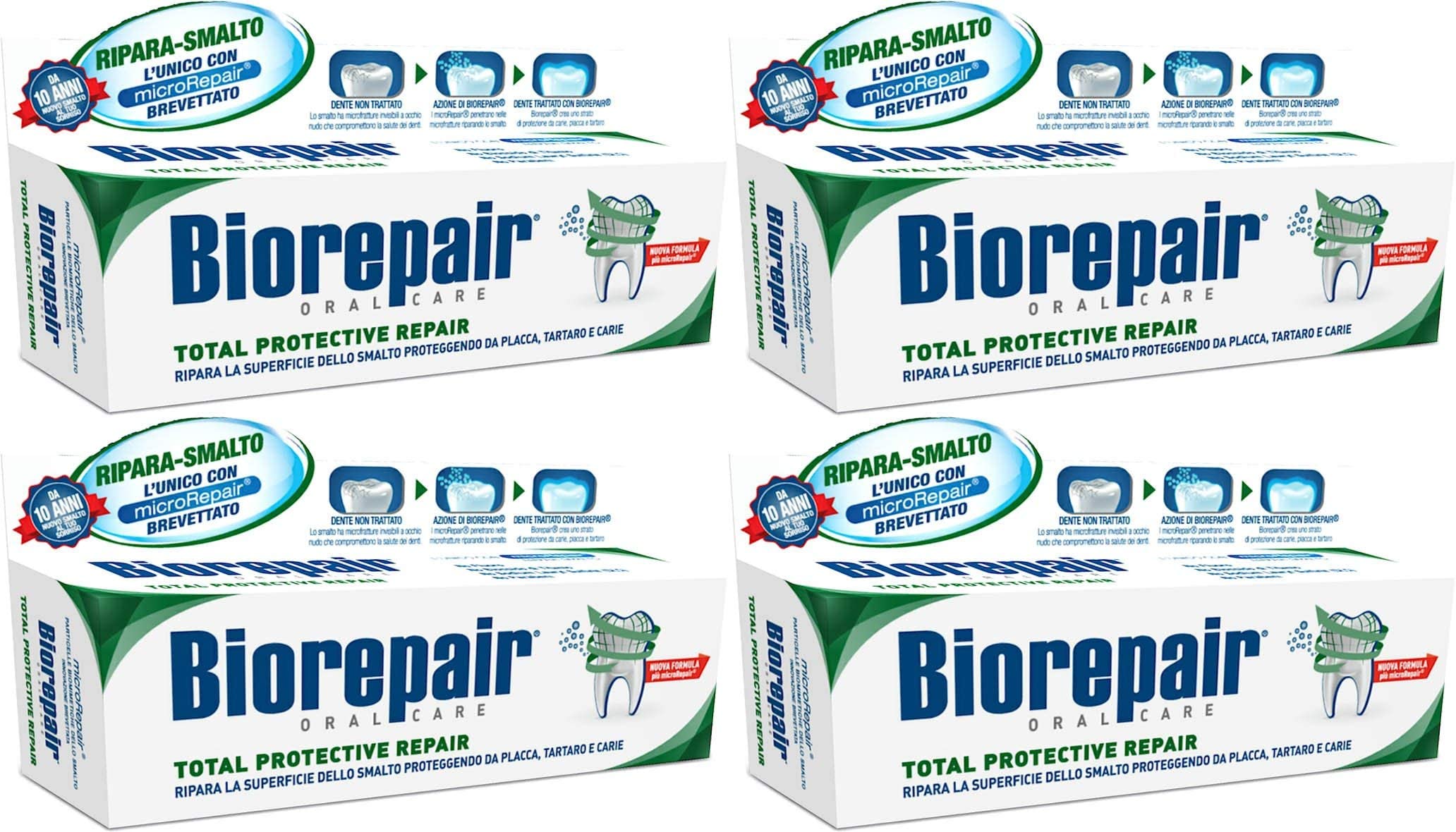 Emballage Biorepair italien: dentifrice sans fluor, promesse de soin efficace et qualité.