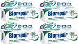 Emballage Biorepair italien: dentifrice sans fluor, promesse de soin efficace et qualité.