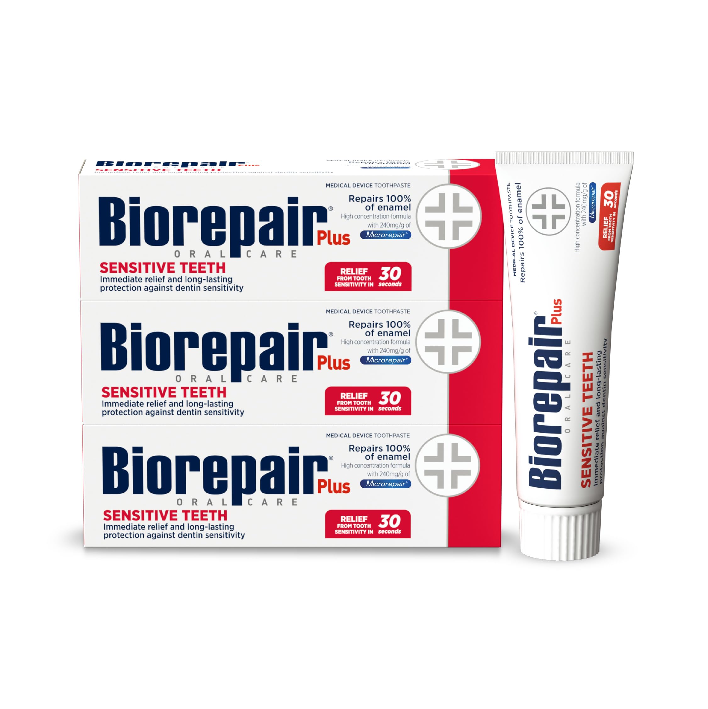 Biorepair Plus Sensitive dentifrice tube: usage quotidien pour dents sensibles.