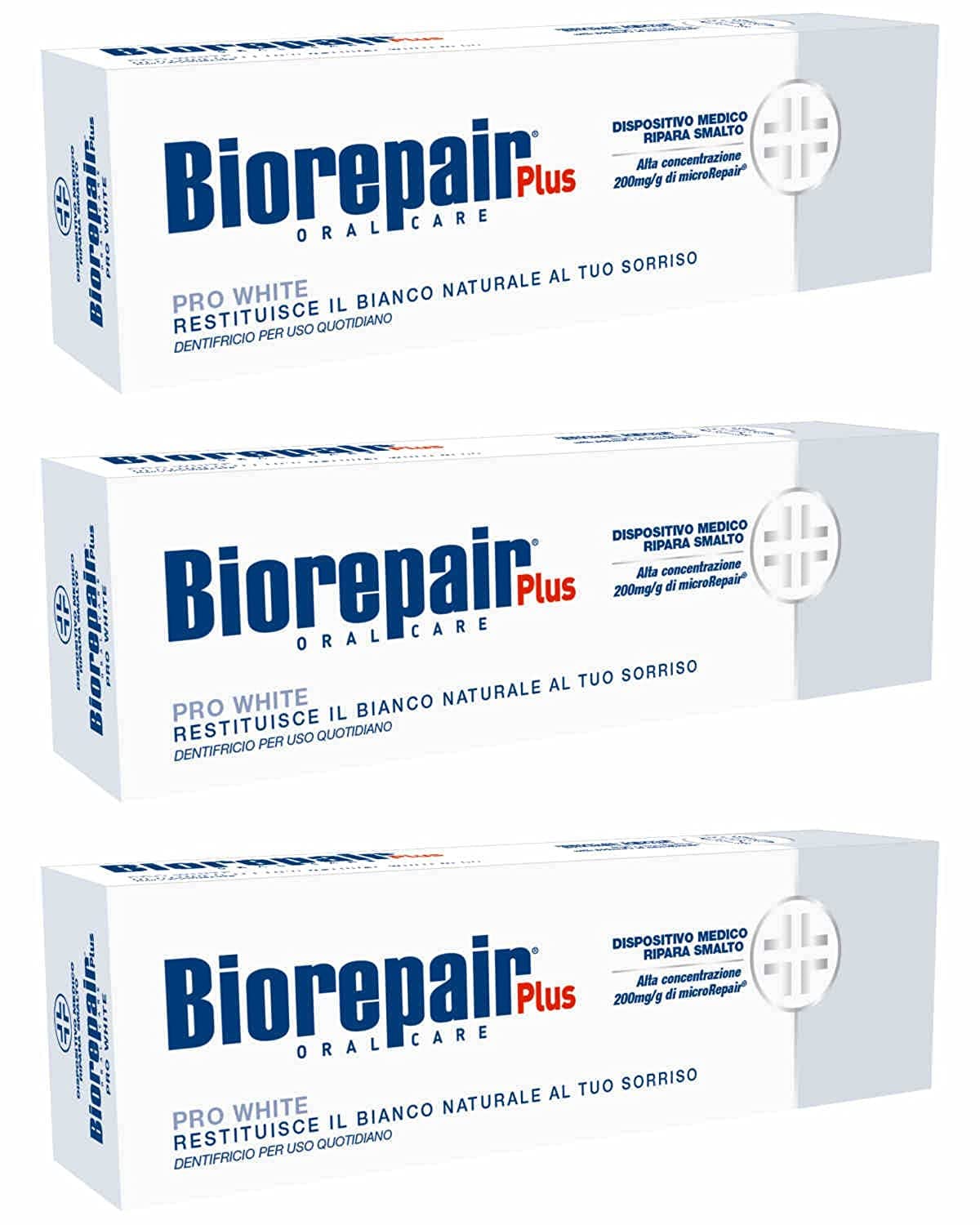 Biorepair Pro White – tubes 75 ml visibles, soin quotidien pour l’éclat naturel des dents sans fluorure.