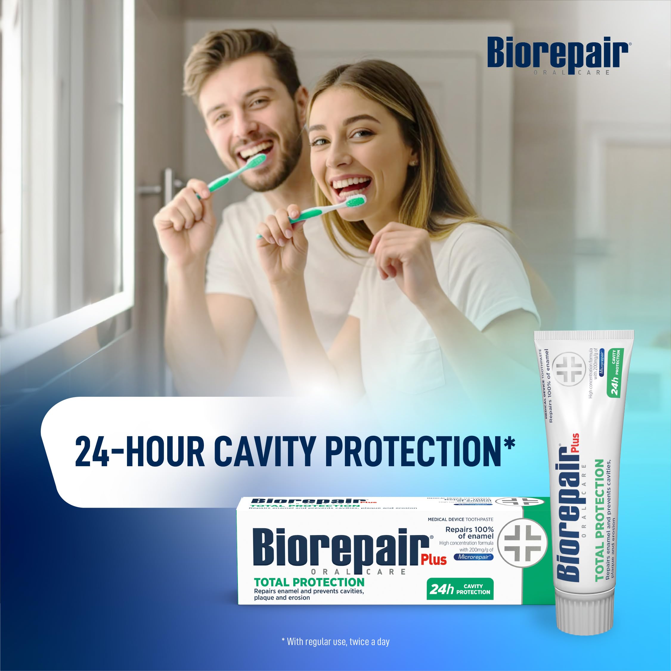 Biorepair Total Protection Plus: tube arrière, présentation du produit sans fluorure.