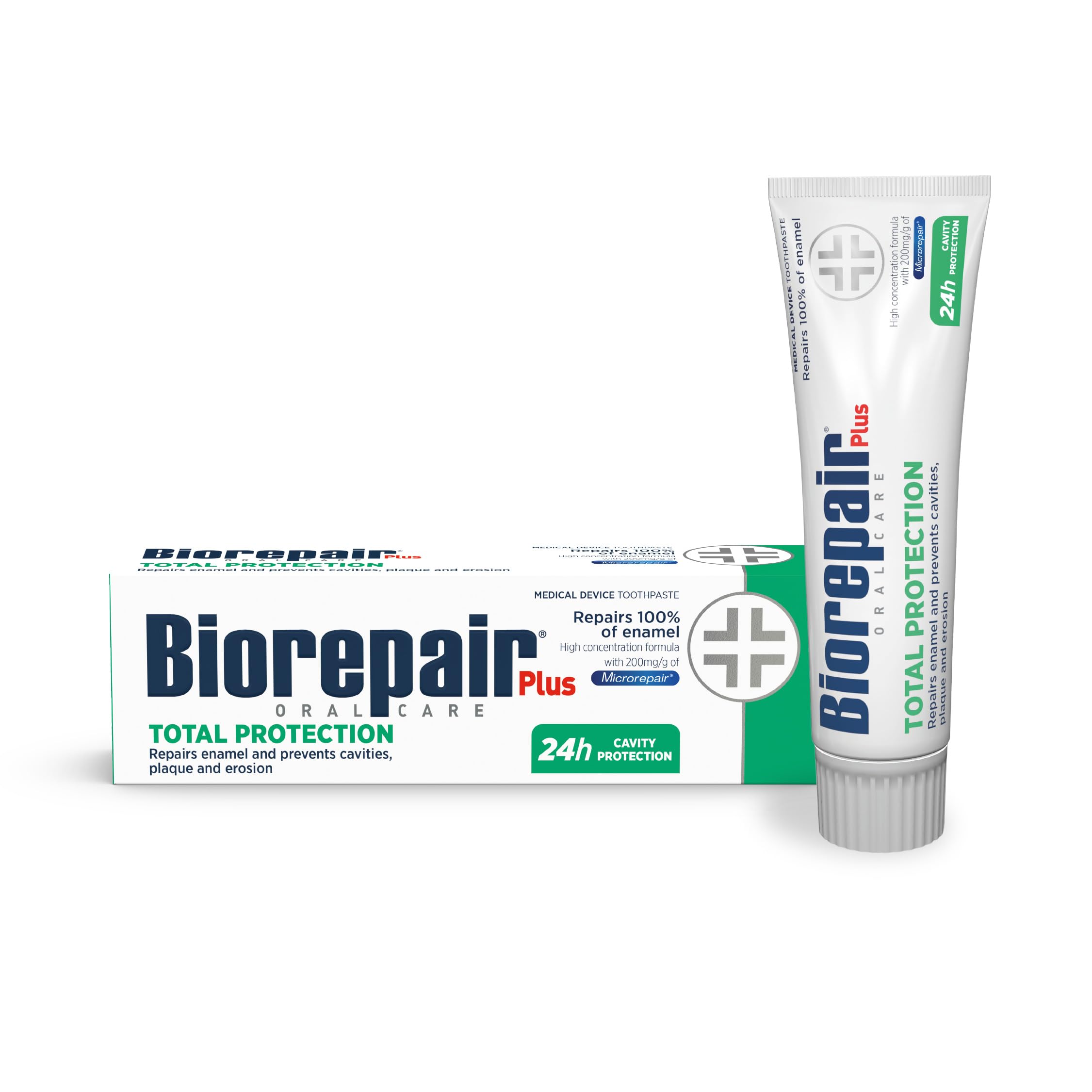 Biorepair Total Protection Plus: tube avant, dentifrice reminéralisant sans fluorure.
