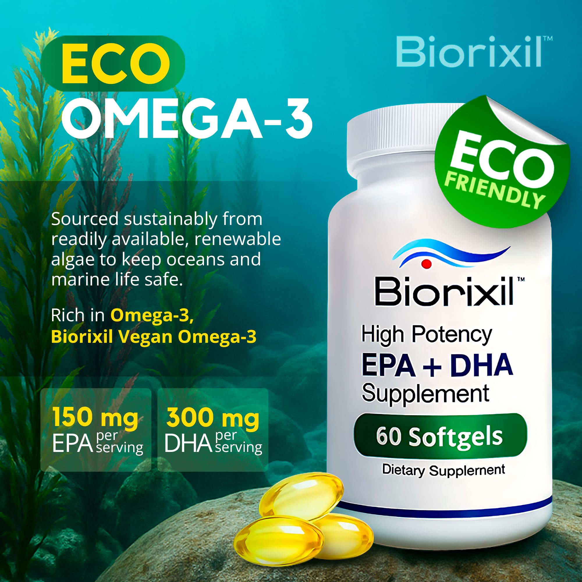 Biorixil bouteille omega-3 vegan, source durable pour le quotidien