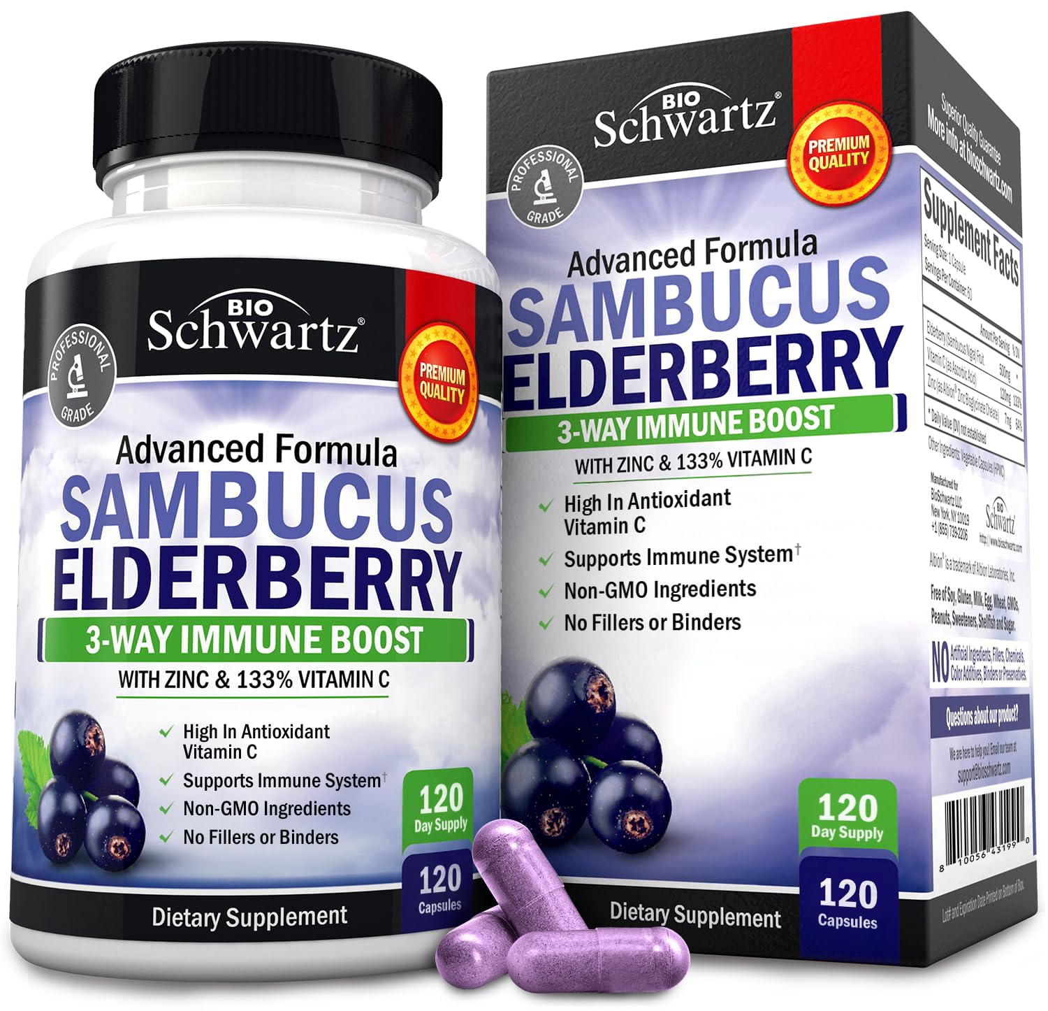 BioSchwartz, bouteille de gélules au sureau noir, soutien immunitaire potentiel.