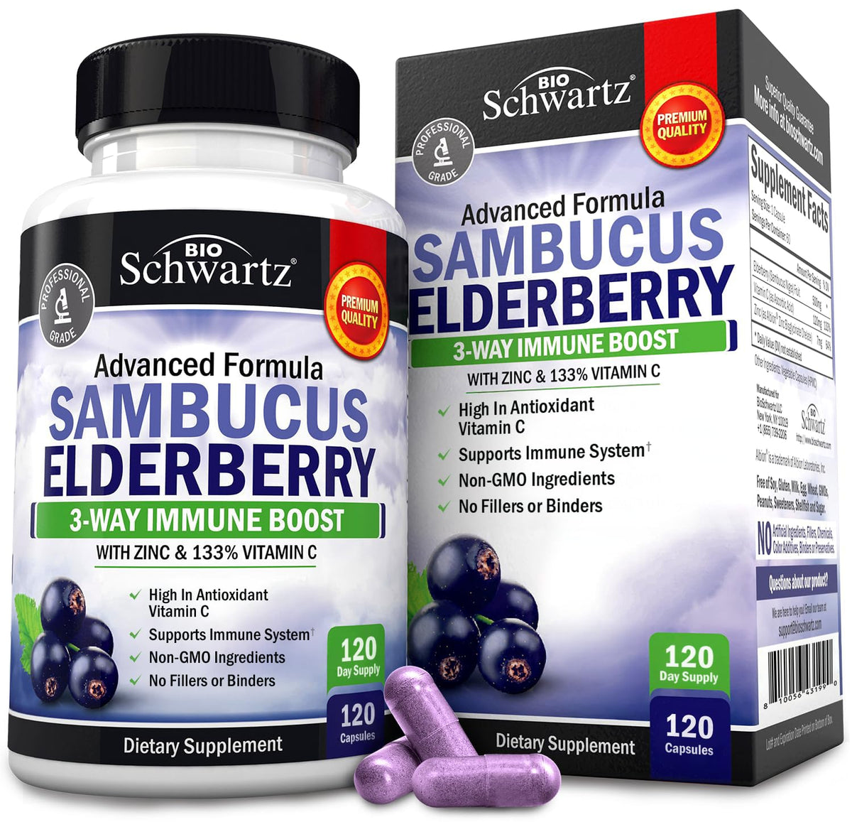 BioSchwartz, bouteille de gélules au sureau noir, soutien immunitaire potentiel.