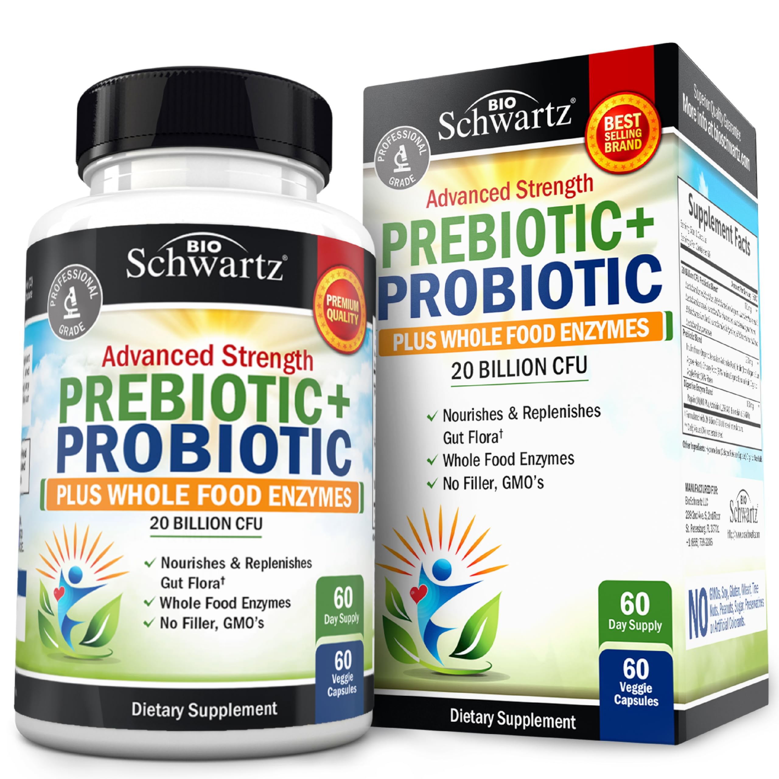 BioSchwartz, bouteille prébiotiques-probiotiques 60 capsules, soutien potentiel à la digestion.