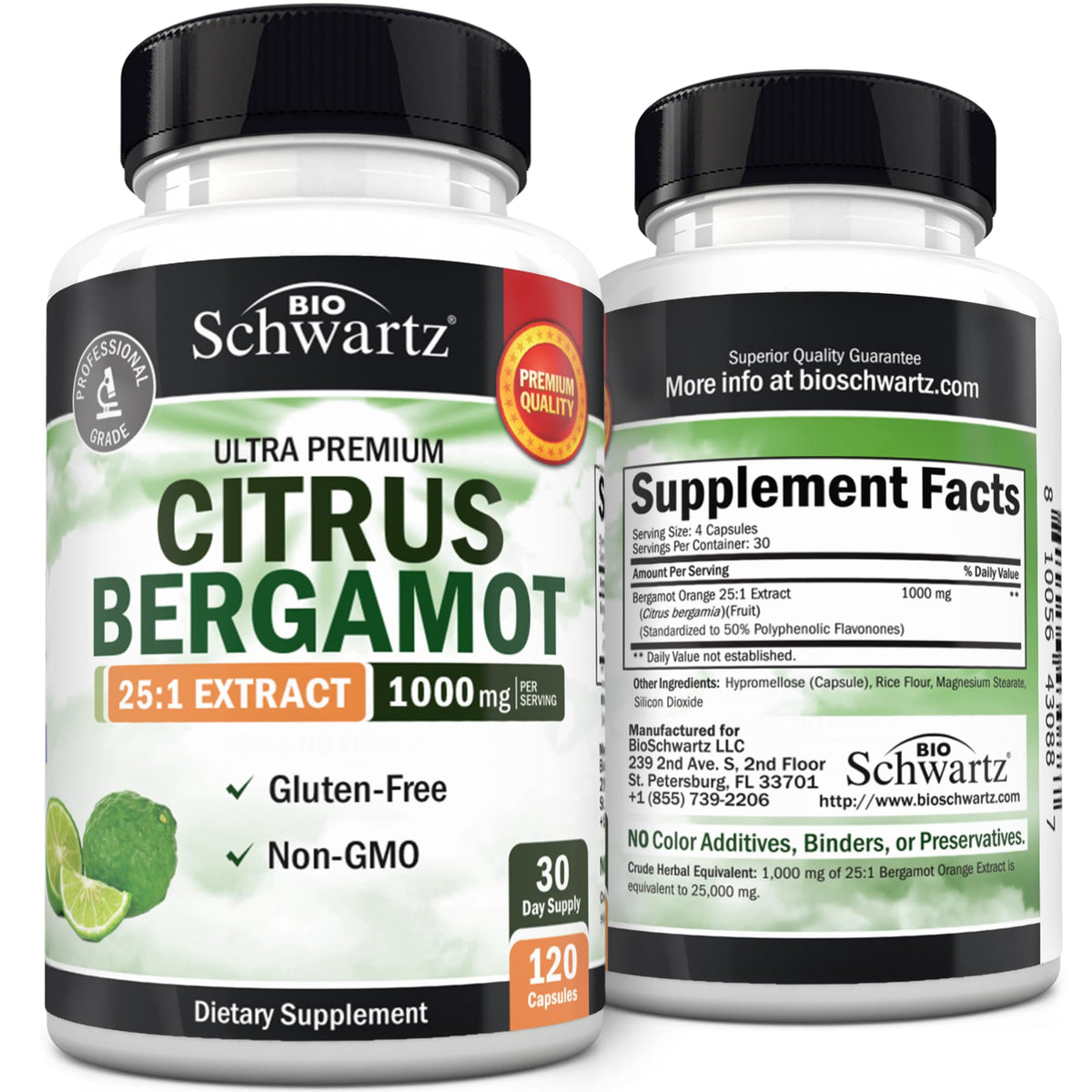BioSchwartz Citrus Bergamot – bouteille avec capsules, soutien naturel potentiel au cœur.