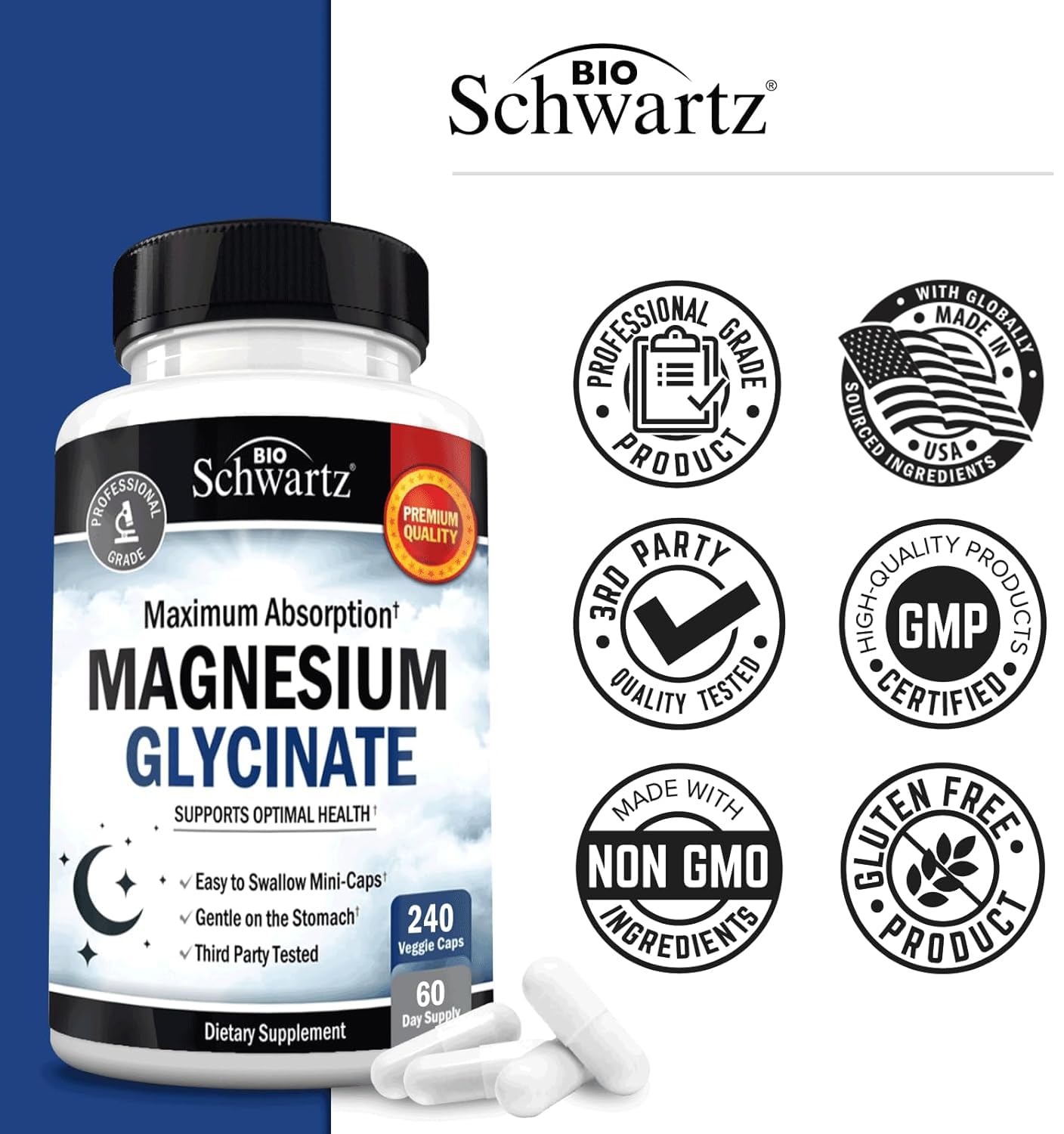 BioSchwartz Magnésium Glycinate – formule végane sans gluten, adaptée aux régimes.