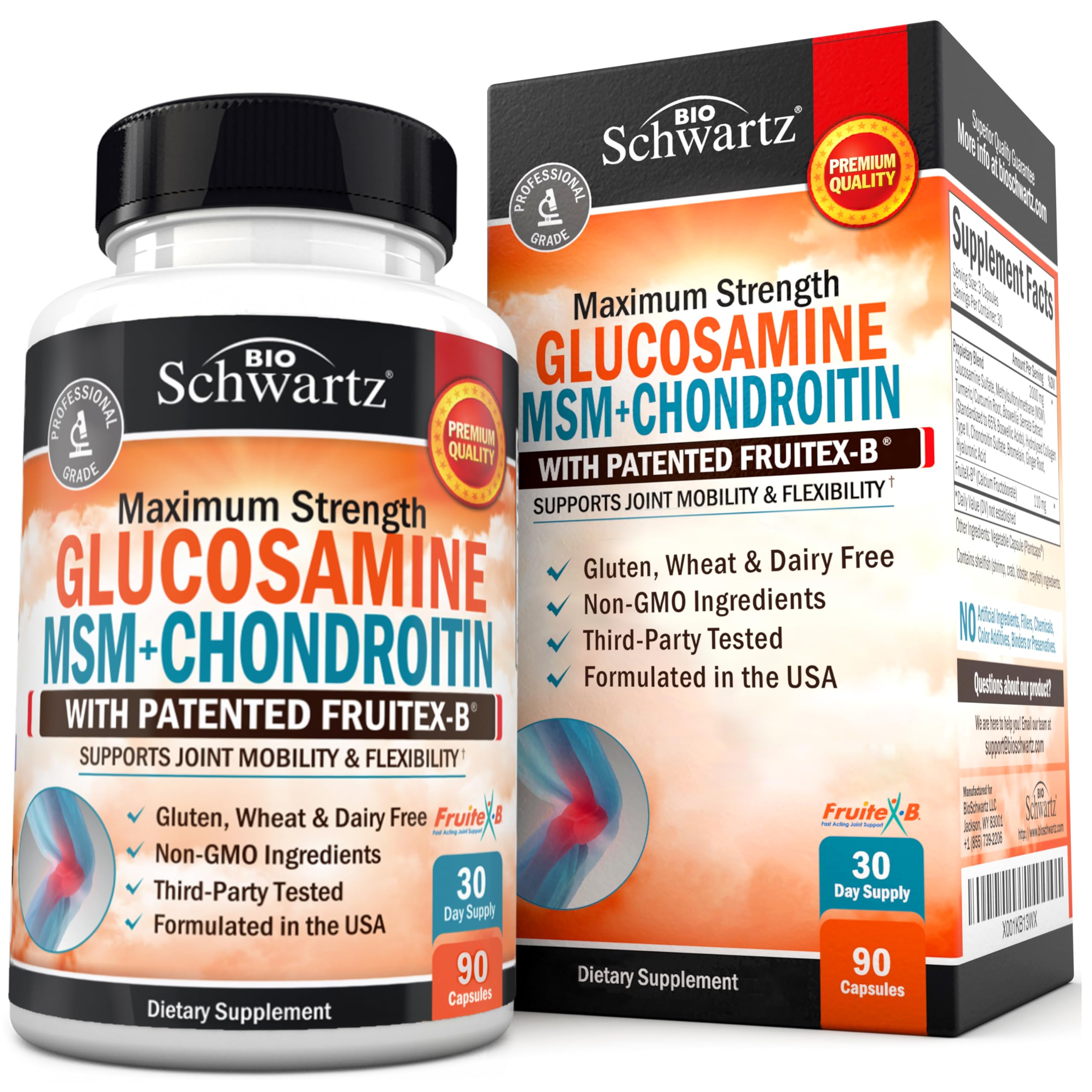 BioSchwartz glucosamine-chondroitine-msm gelules: soutien des articulations et mobilité.