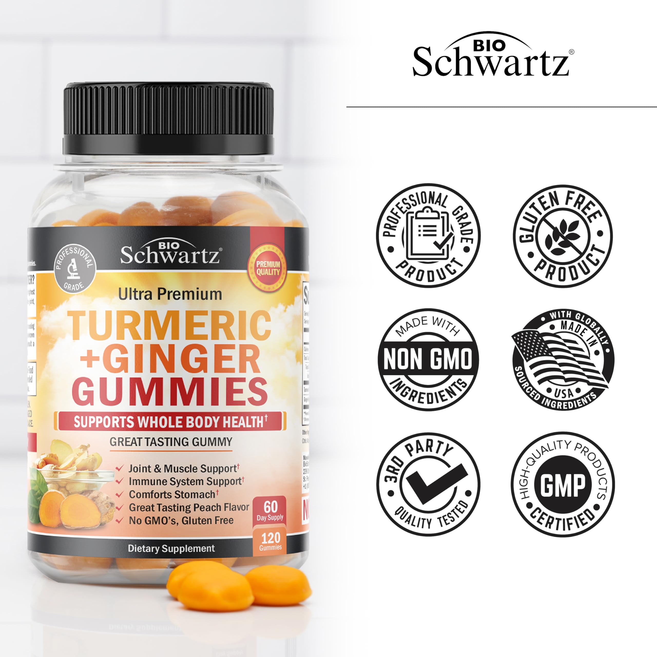 BioSchwartz gommes curcuma-gingembre, visuel montrant les racines et la couleur chaleureuse.
