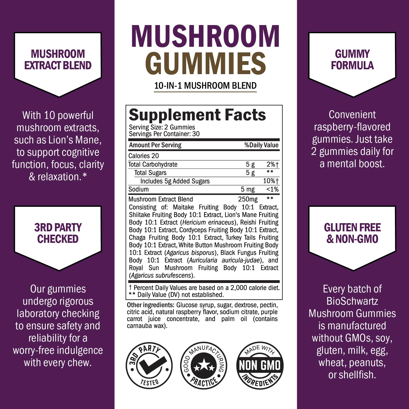 BioSchwartz Gommes champignons, étiquette claire, routine santé pratique et choix végan.