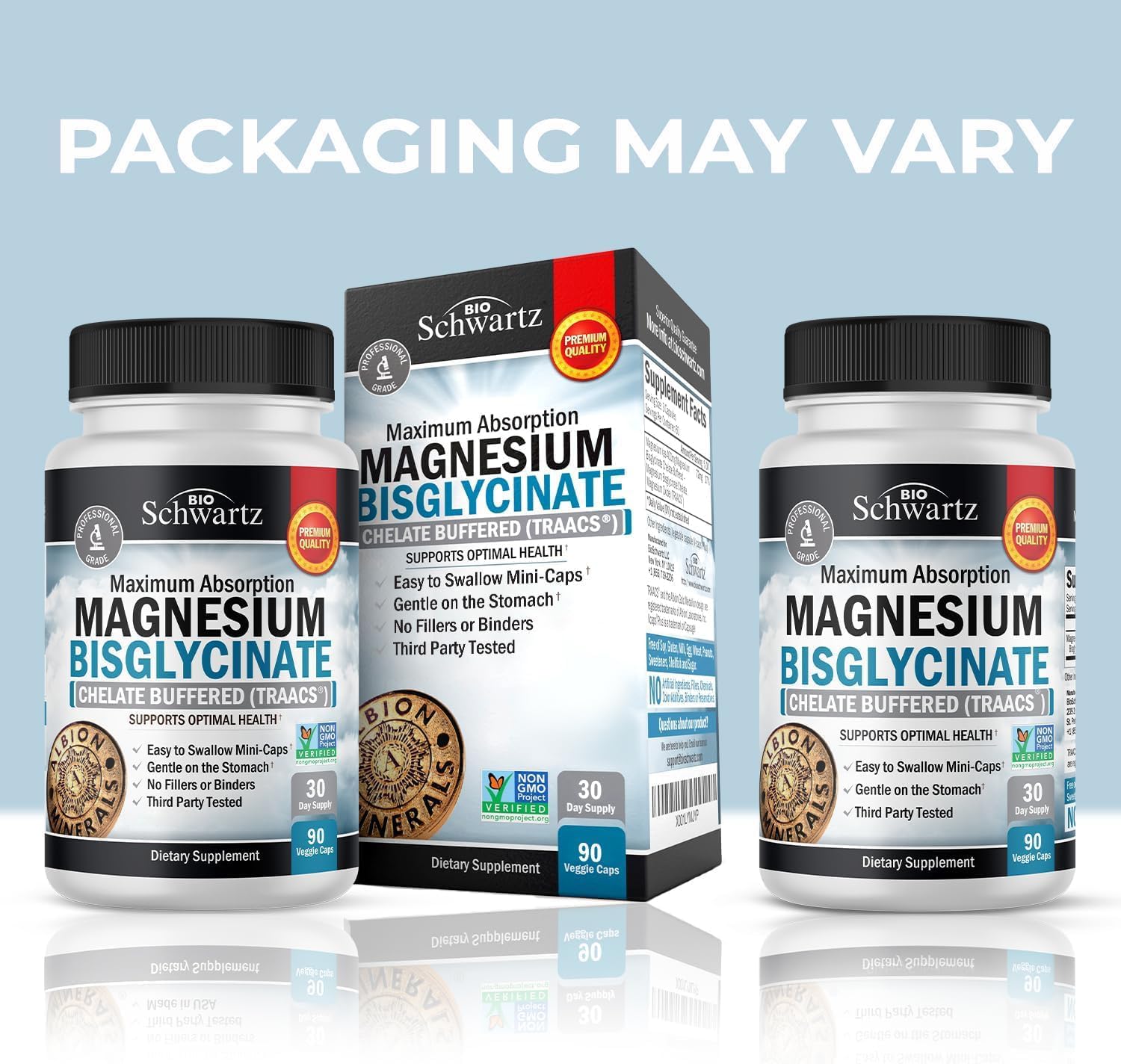 BioSchwartz magnésium bisglycinate – étiquette claire sur boîte et certification Non-OGM