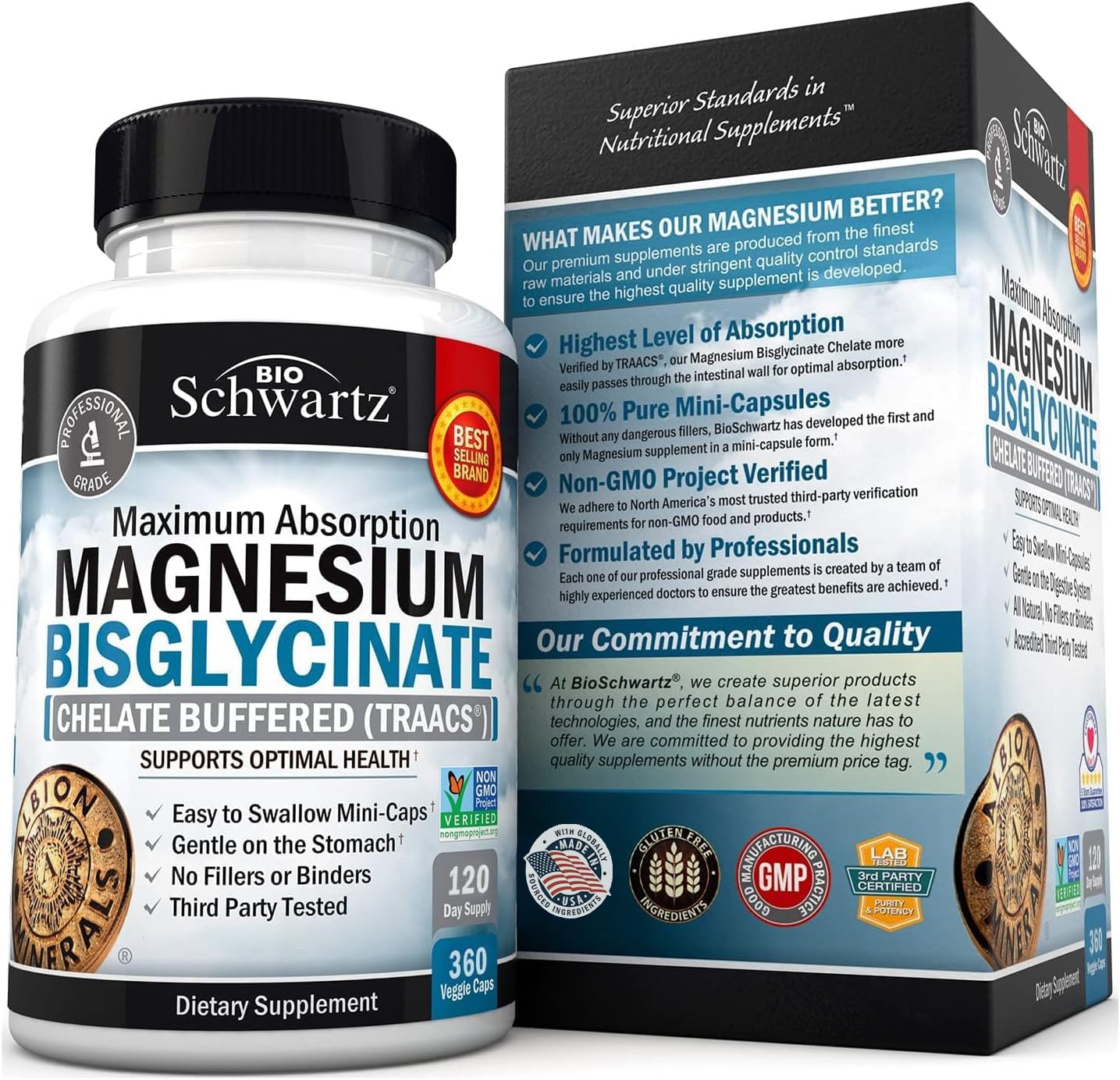 BioSchwartz Magnésium Bisglycinate, produit fabriqué aux États-Unis selon normes strictes.