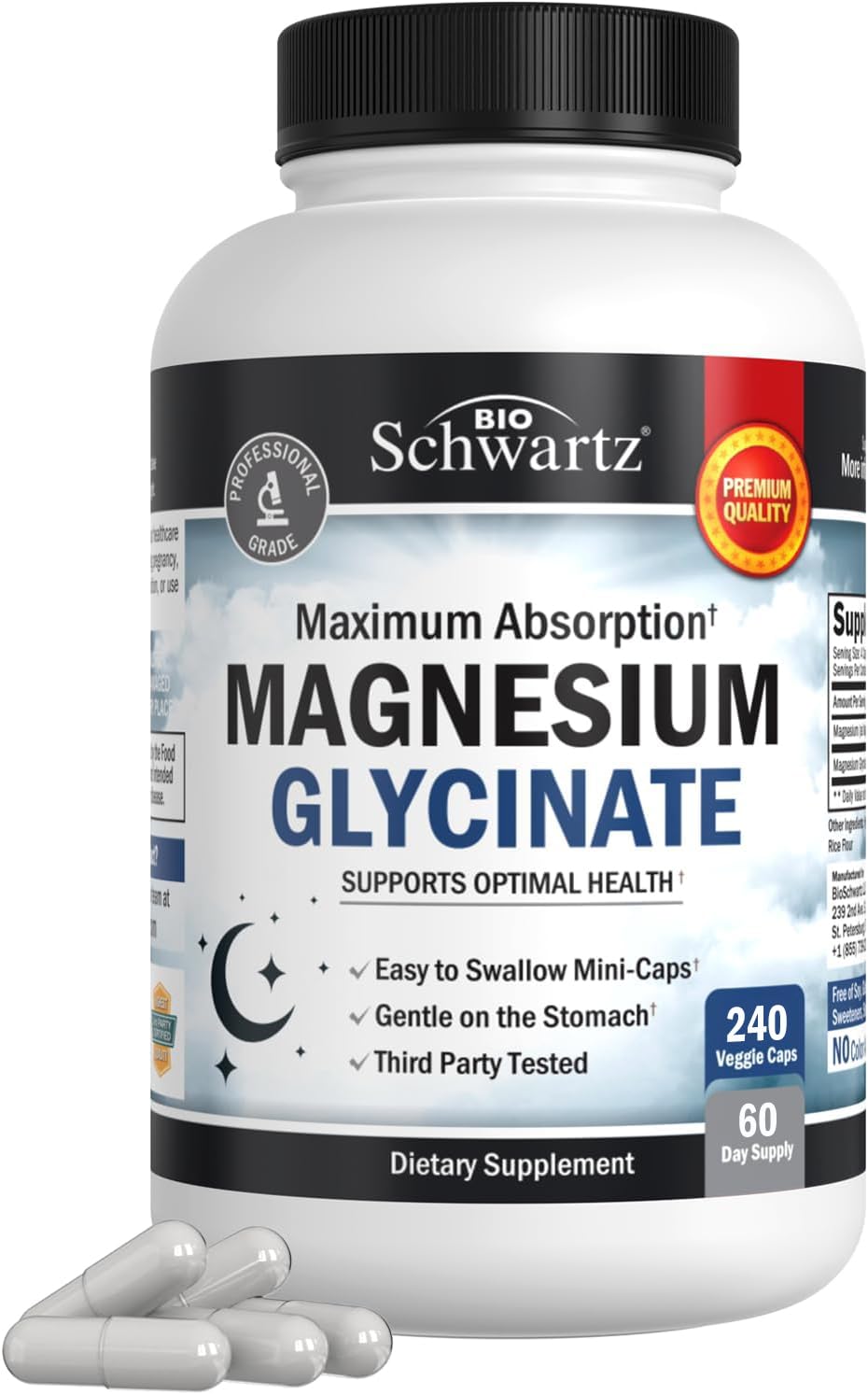 BioSchwartz Magnésium Glycinate 500 mg, capsules – absorption optimale et ingestion facile.