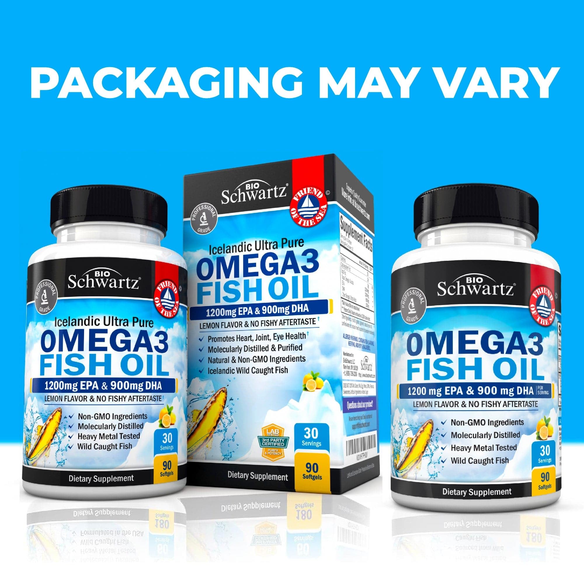 Capsules BioSchwartz Oméga-3 citron, facile à prendre et sans reflux éventuel.