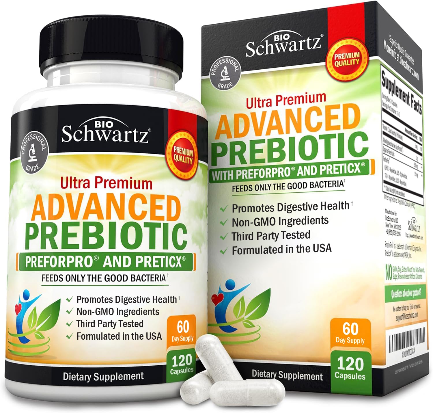 BioSchwartz Prébiotiques avancés – flacon et étiquette – soutien digestion et flore intestinale.