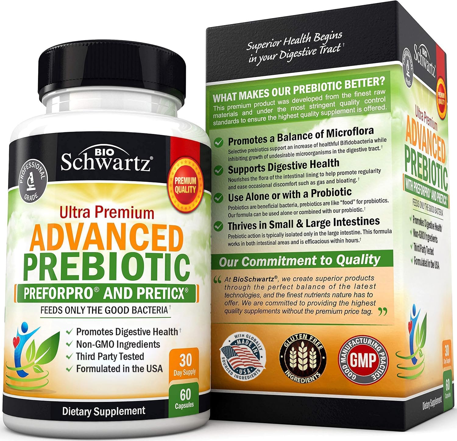 BioSchwartz Prébiotiques: bouteille et capsules pour une flore intestinale renforcée.