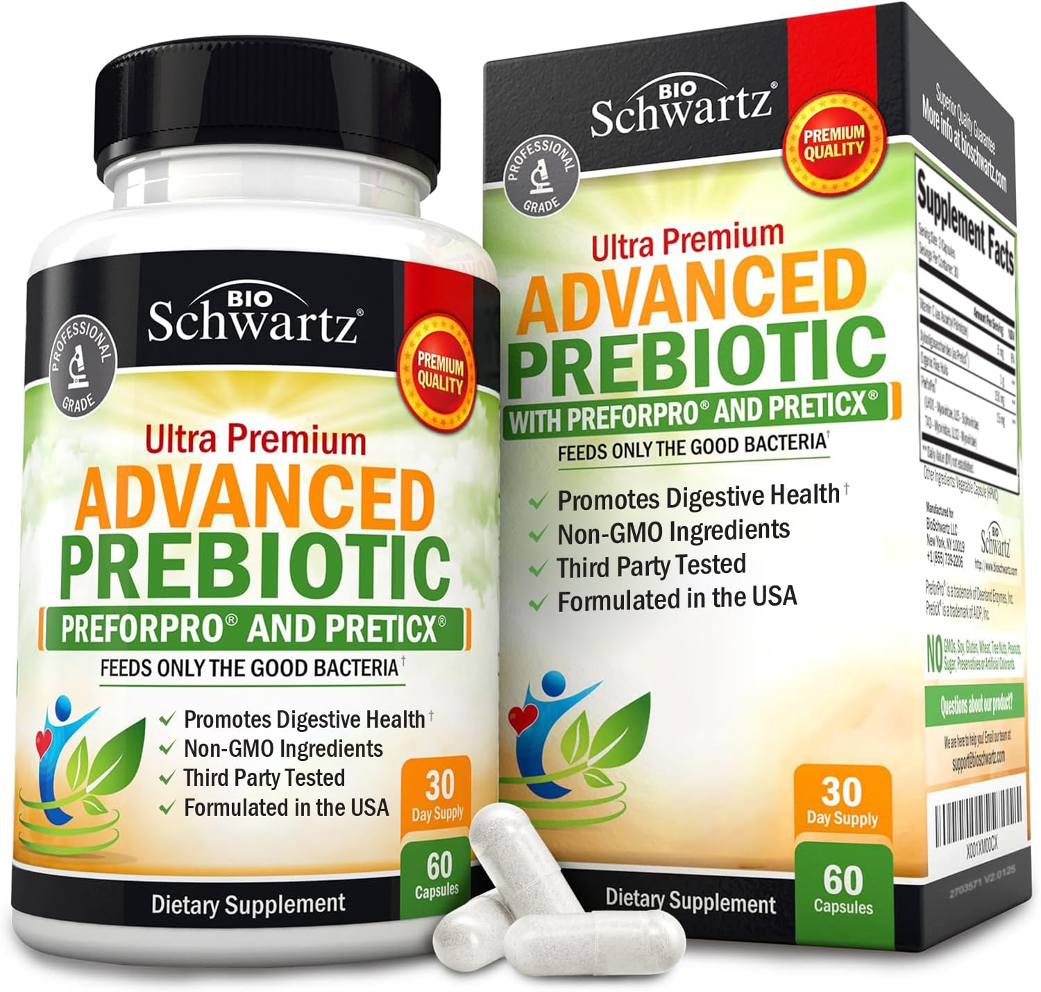 BioSchwartz Prébiotiques: boîte et gélules pour un soutien digestif rapide et équilibré.