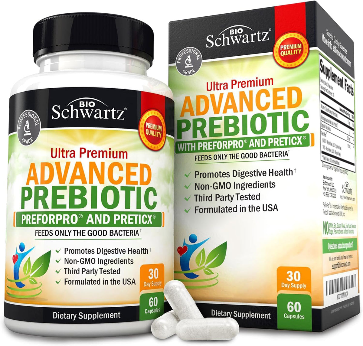 BioSchwartz Prébiotiques: boîte et gélules pour un soutien digestif rapide et équilibré.