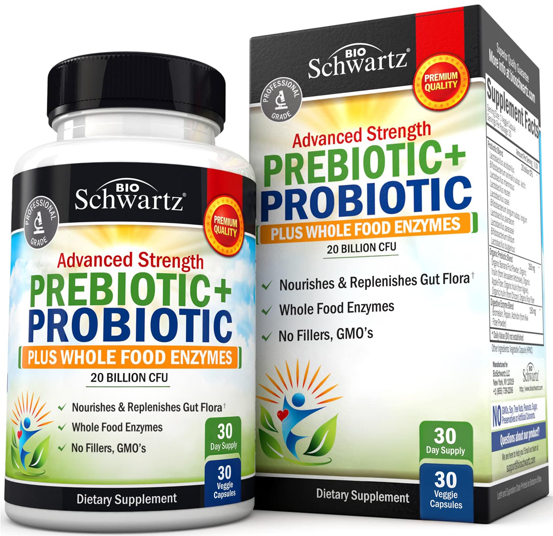 BioSchwartz, bouteille de prébiotiques et probiotiques pour équilibre intestinal.