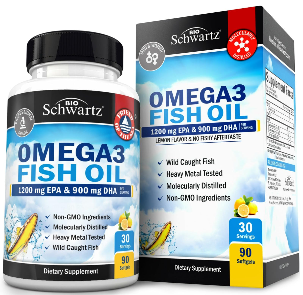 BioSchwartz Oméga-3 en bouteille, gélules citron, peut soutenir articulations et peau.