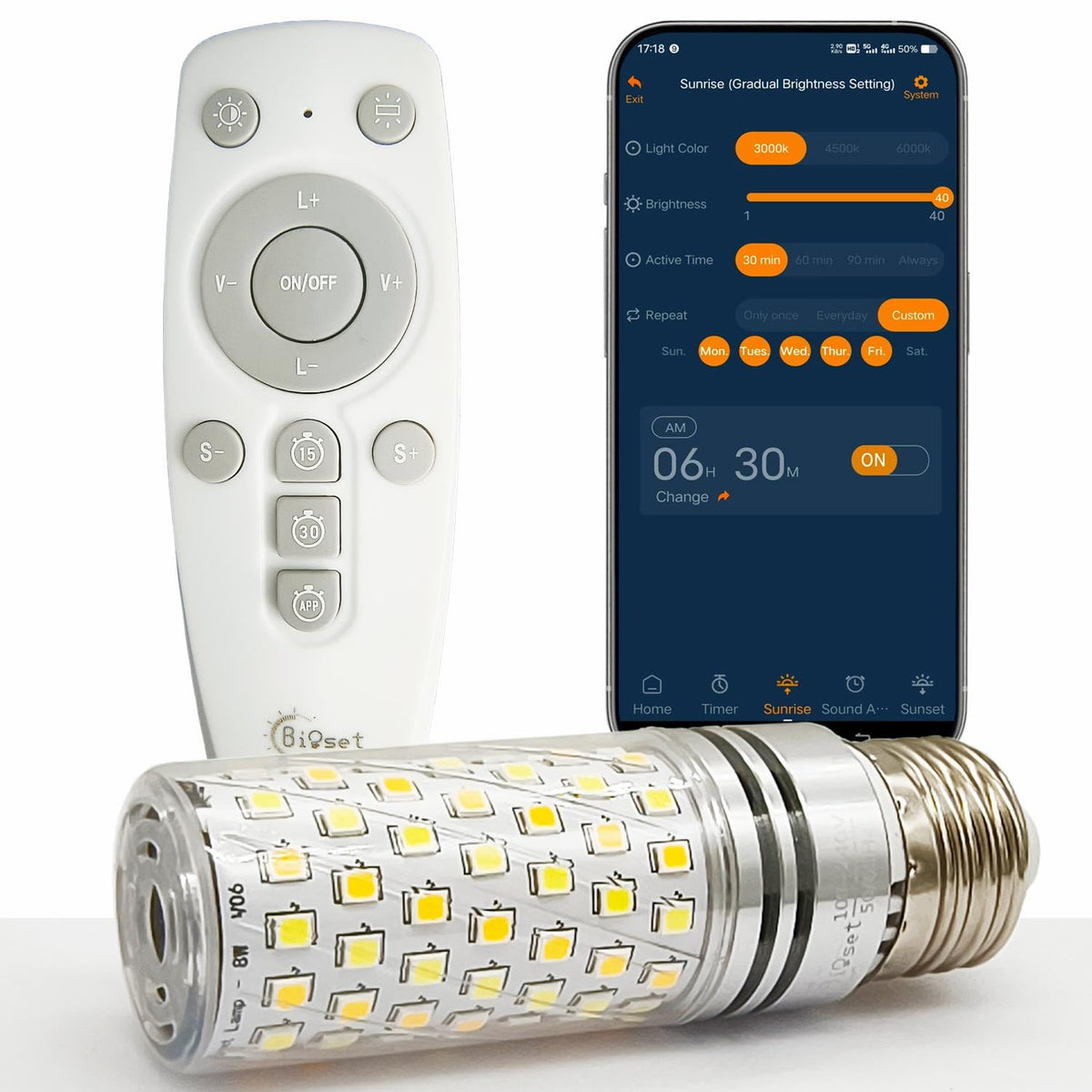 Bioset lampe réveil LED montrant le lever du soleil en douceur.