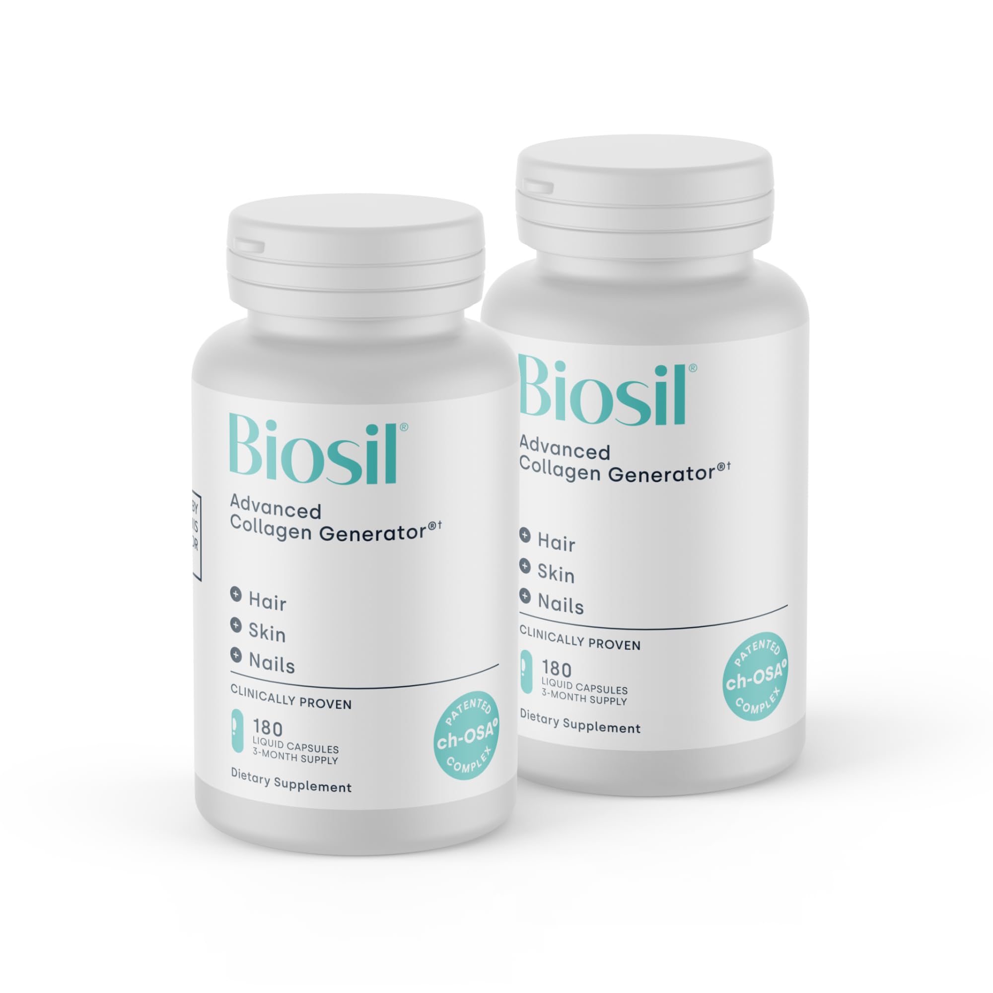 Biosil Booster de Collagène, bouteille, soutien potentiel de la peau et des cheveux.