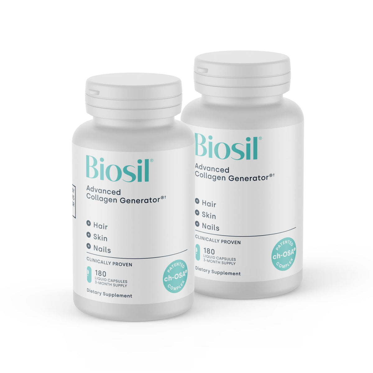 Biosil Booster de Collagène, bouteille, soutien potentiel de la peau et des cheveux.