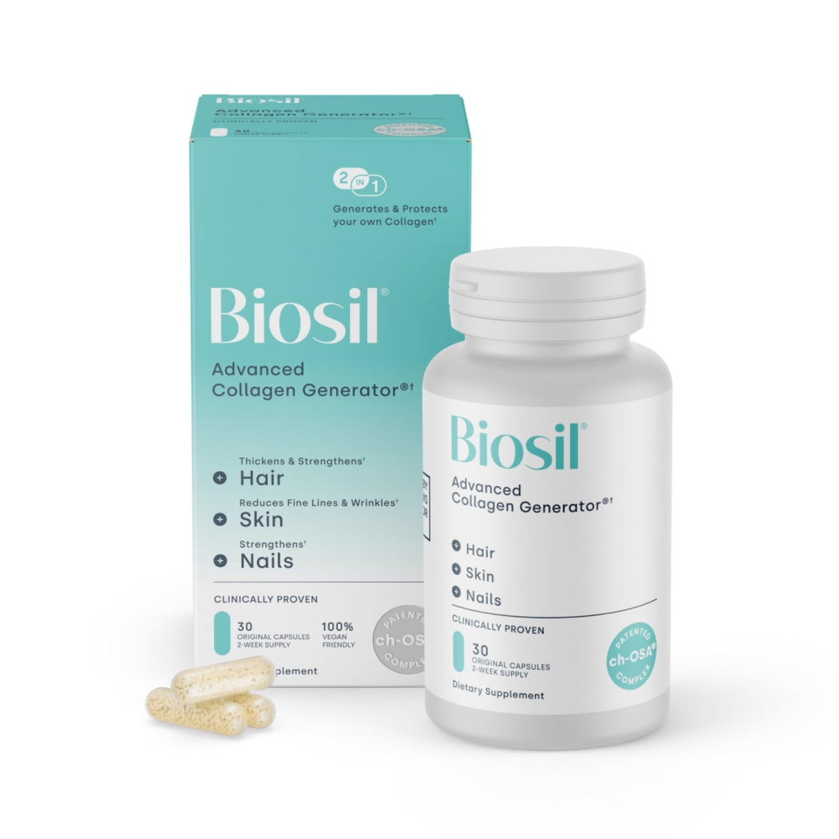 Biosil Boosteur de collagene – flacon original, peau lumineuse et cheveux forts