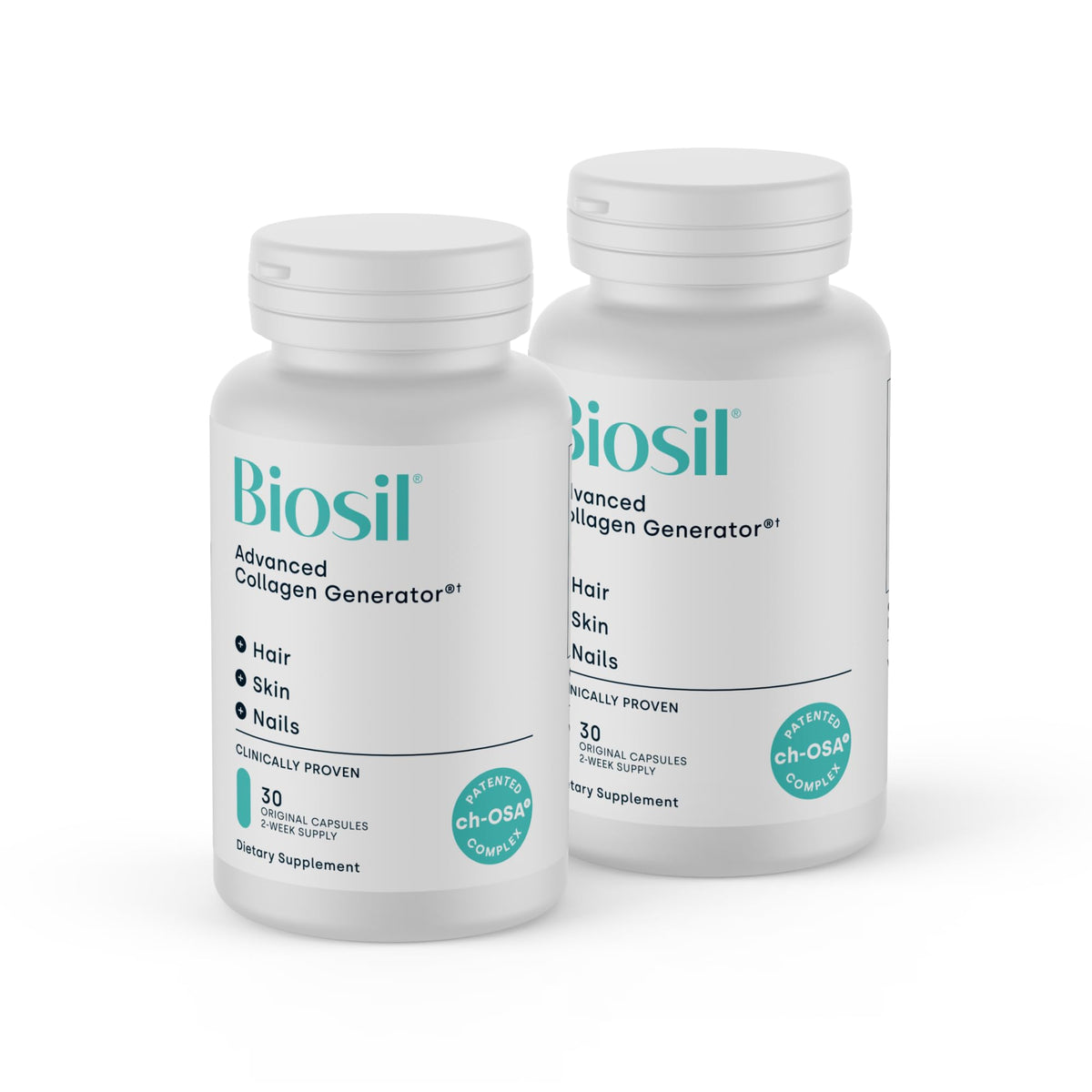 Biosil: capsules originales en bouteille, soutien durable pour peau et cheveux.