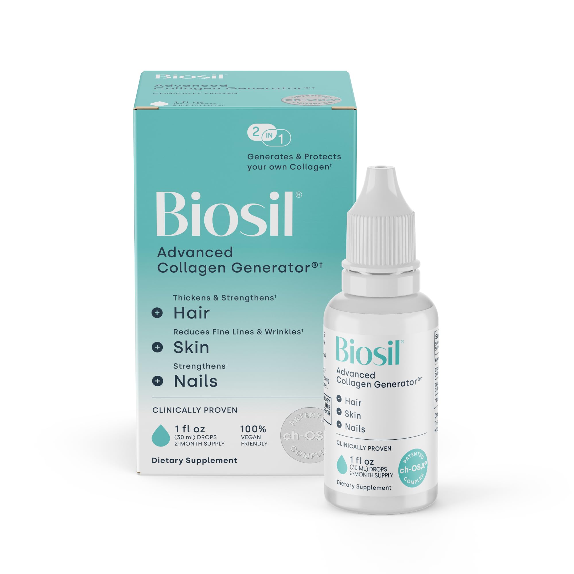 Biosil gouttes collagène – boîte affichée, idées pour peau radieuse et cheveux sains.