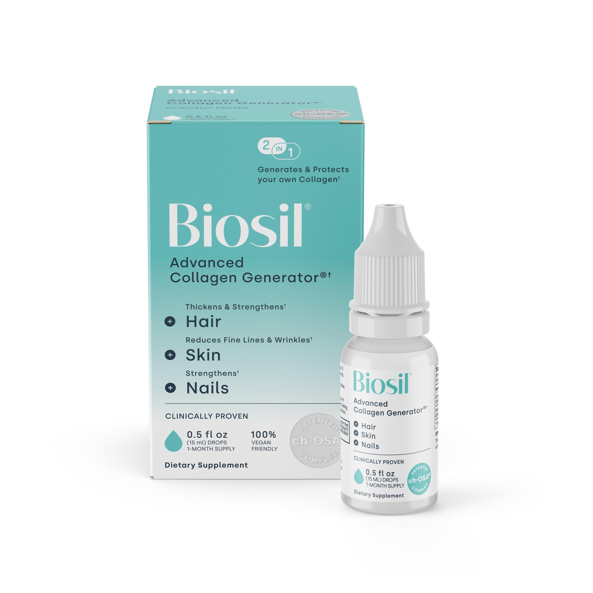 Biosil gouttes collagène – flacon sur fond blanc, soutien potentiel peau et cheveux