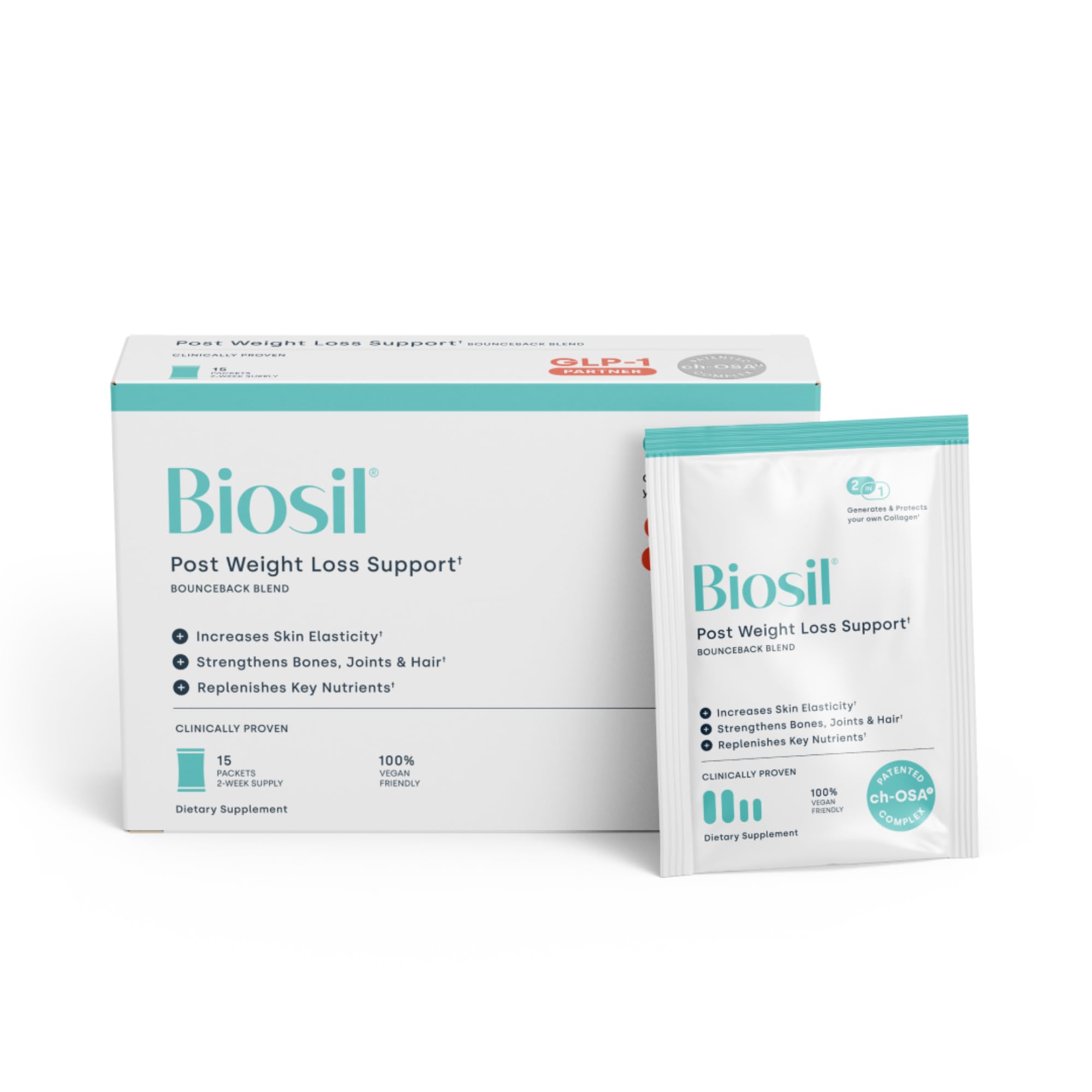 Biosil BounceBack post-perte-poids – sachet, soutien peau et tissus.