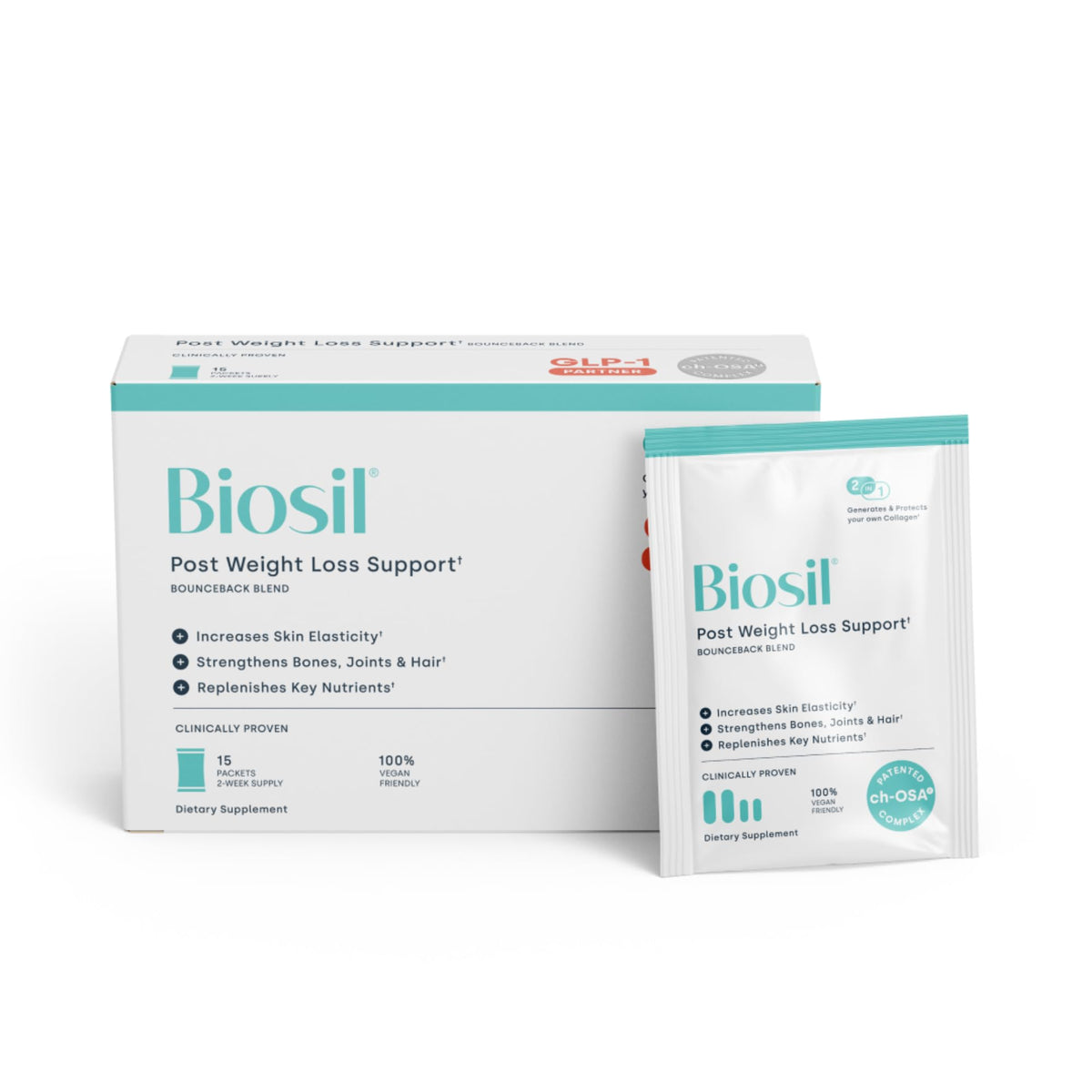 Biosil BounceBack post-perte-poids – sachet, soutien peau et tissus.