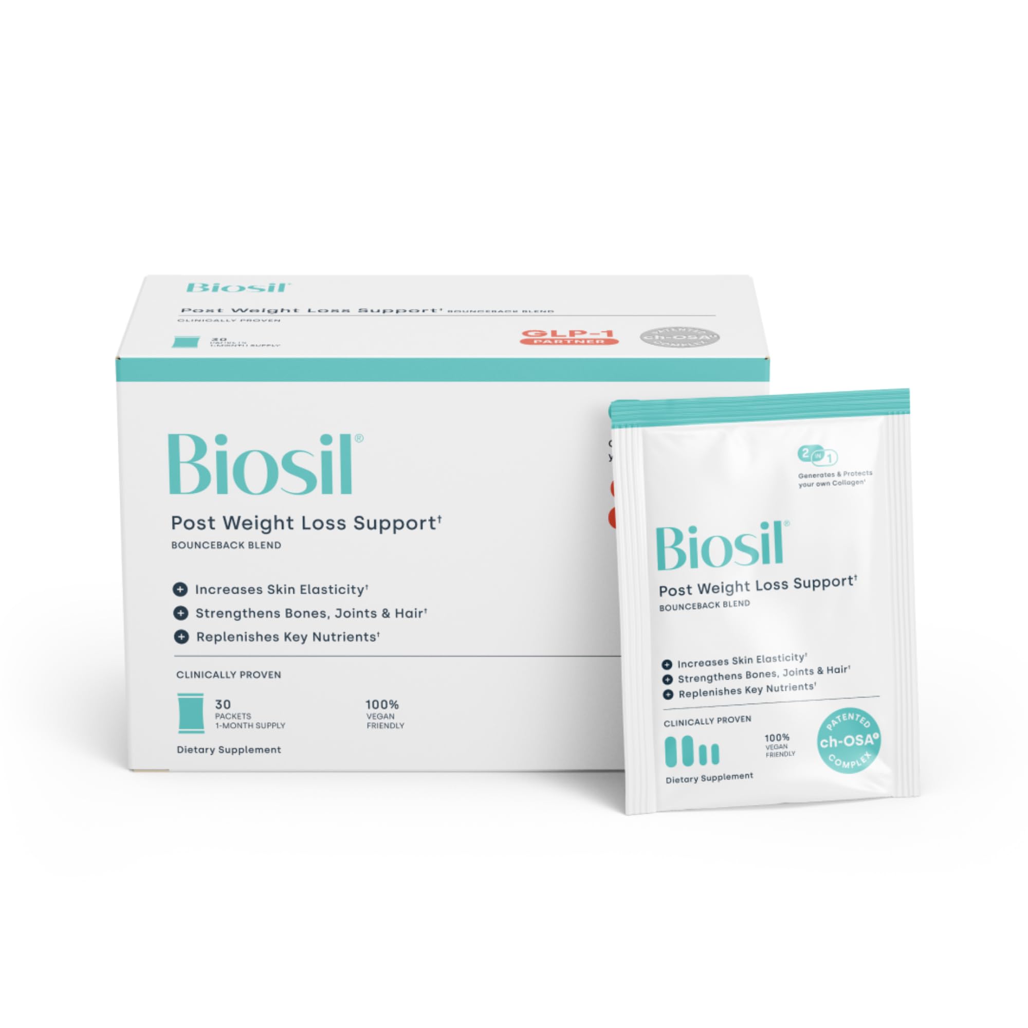 Biosil – boîte et étiquette du produit, aperçu de l'emballage et de l'aide potentielle pour la peau.