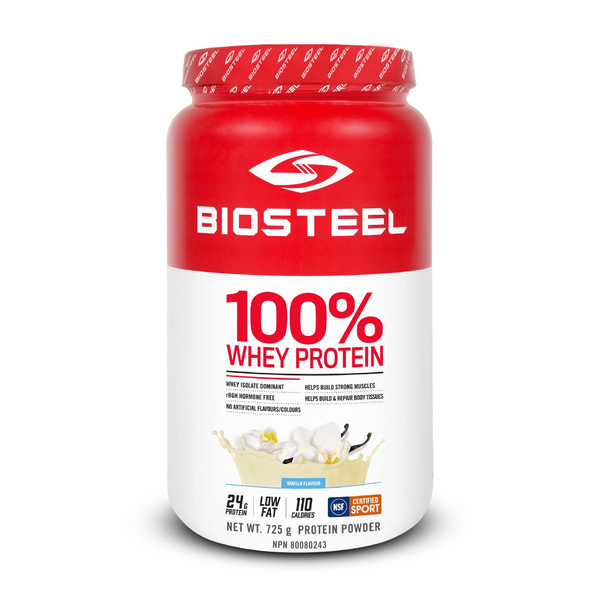 BIOSTEEL vanille emballage: emballage BIOSTEEL, poudre protéinée pratique pour la récupération après l'entraînement.