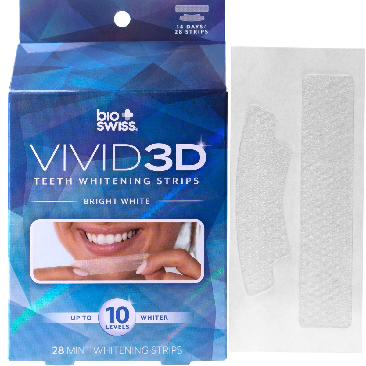 BioSwiss Bandes Vivid 3D emballage bleu, usage domestique pratique pour blanchiment des dents