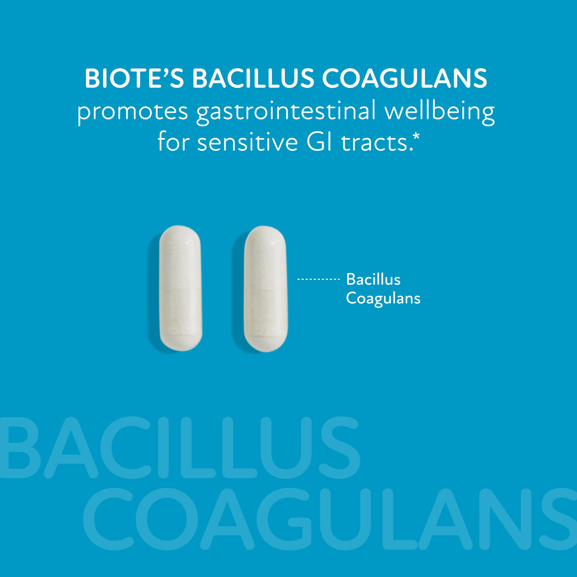 Étiquette Biote Bacillus Coagulans, mise en avant sans gluten et sans lactose.