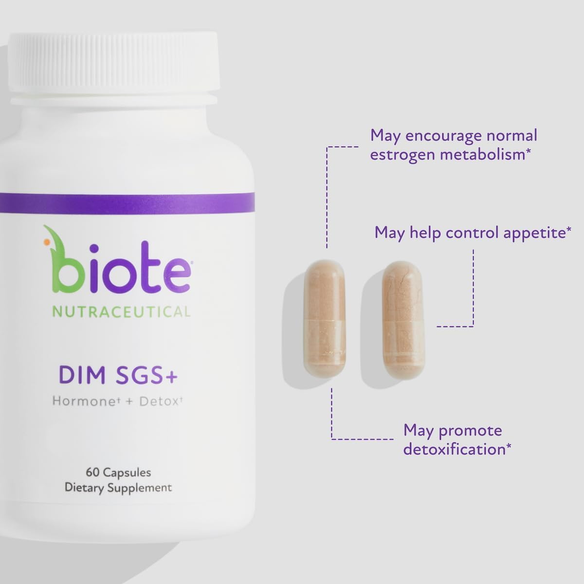 Biote DIM SGS+ capsules ouvertes, accessoire clair pour votre routine bien-être.