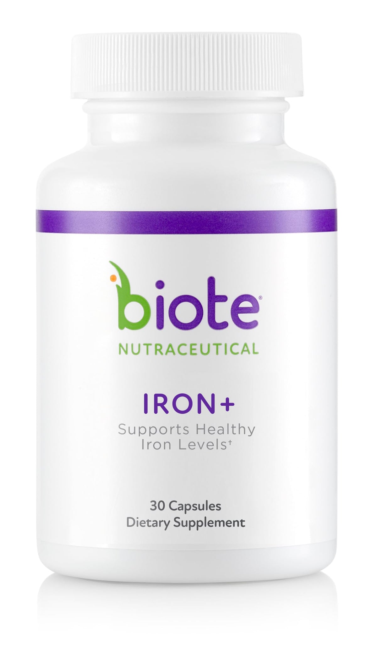 Biote Fer+ boîte de capsules montrant l'emballage pour soutenir l'énergie.