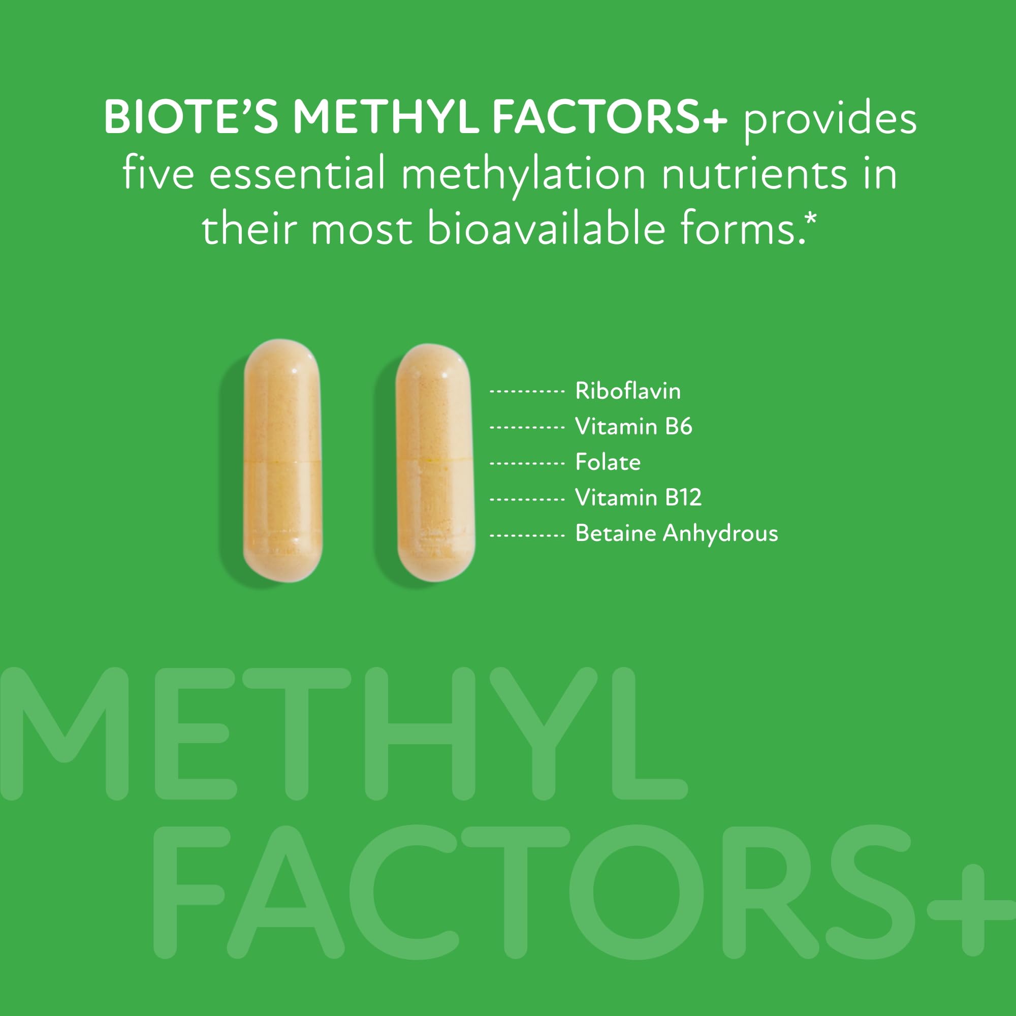 Biote Methyl Factors+ — étiquette claire, détails sur ingrédients sans gluten ni lactose.