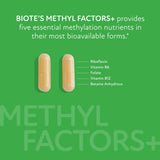 Biote Methyl Factors+ — étiquette claire, détails sur ingrédients sans gluten ni lactose.