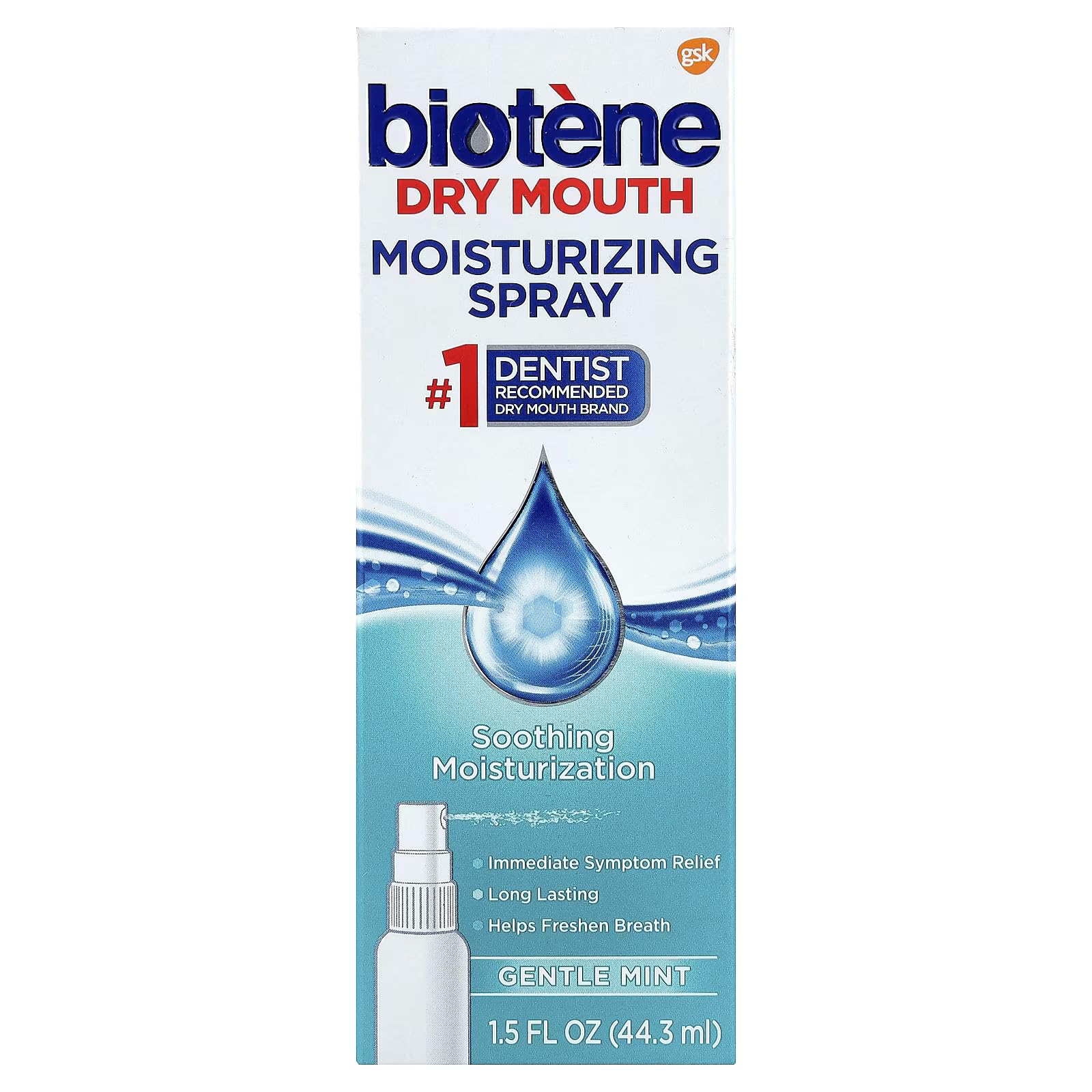 Biotène spray bouteille menthe douce, hydratation rapide pour la bouche.