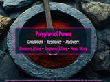 Étiquette Biotest Superfood Berry-Dense, informations claires sur les polyphénols et la composition.