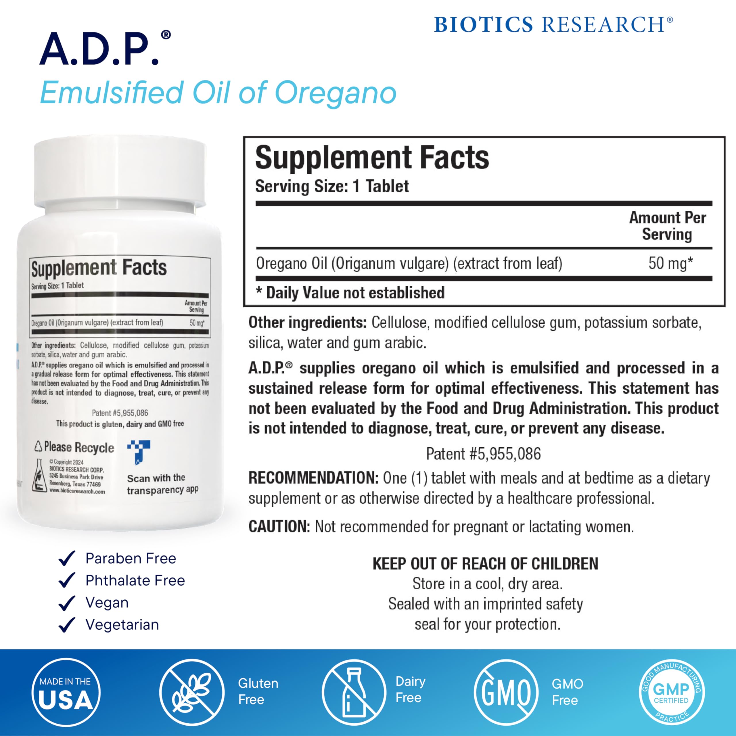 Tablettes à libération prolongée Biotics Research A.D.P. pour absorption efficace.