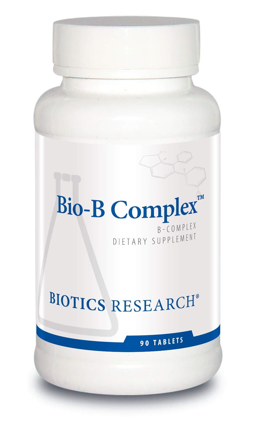 Biotics Research Bio B Complex, bouteille close-up montrant énergie potentielle et équilibre quotidien.